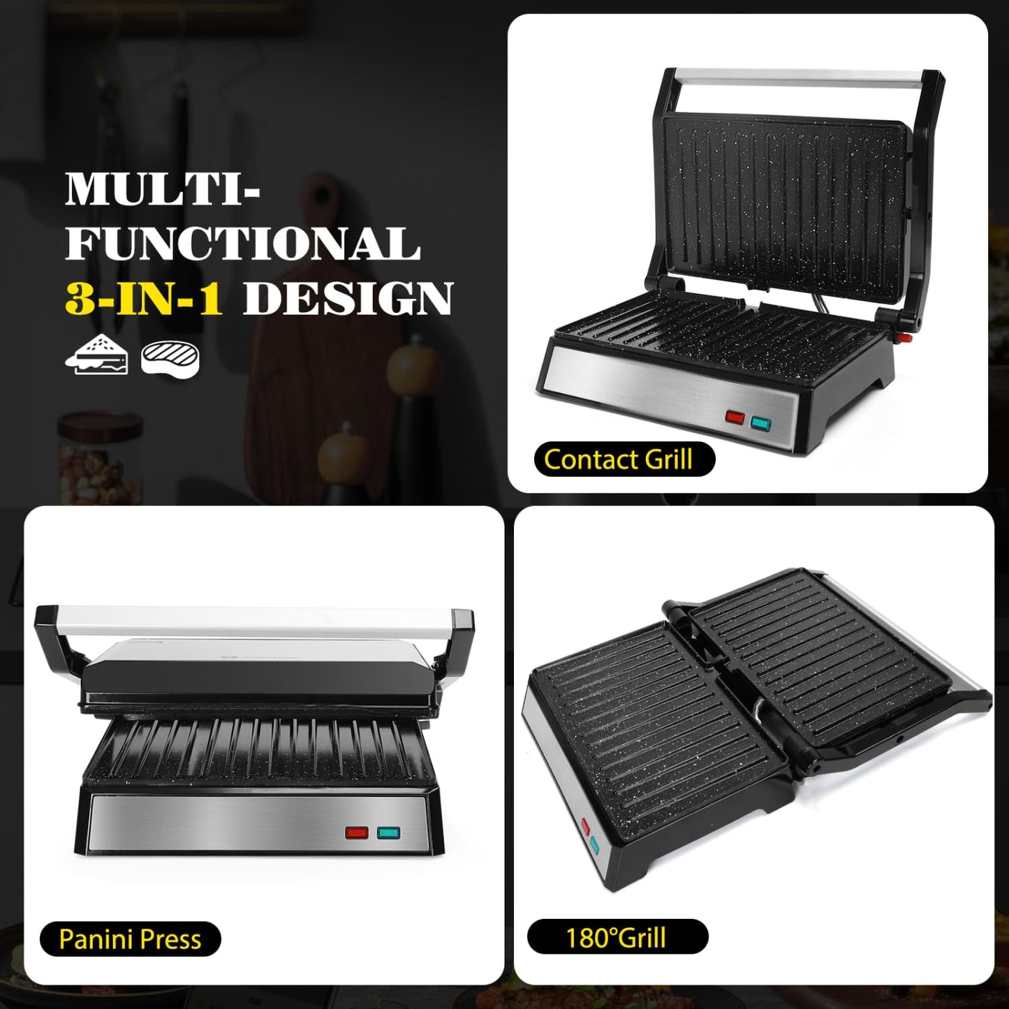 Aigostar Prensa Panini, 1200 W, Parrilla Eléctrica Interior, Placas de Cerámica Antiadherentes, Abre 180° para Adaptarse a Cualquier Tamaño de Alimentos, Negro