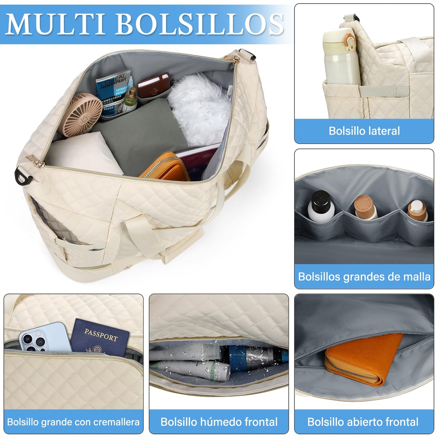 Bolsa de Viaje SDYSM Beige con Puerto USB y Compartimento para Zapatos para Hombre y Mujer