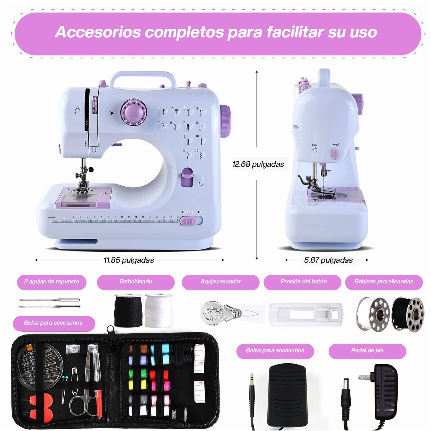 Máquina de Coser Electrica - Maquina de Coser Electrica 12 Tipos de Puntadas,Pedal Eléctrico de Doble Uso,Función de Patchwork, Costura de Botones,Costura Cilíndrica,Adecuado para Principiantes