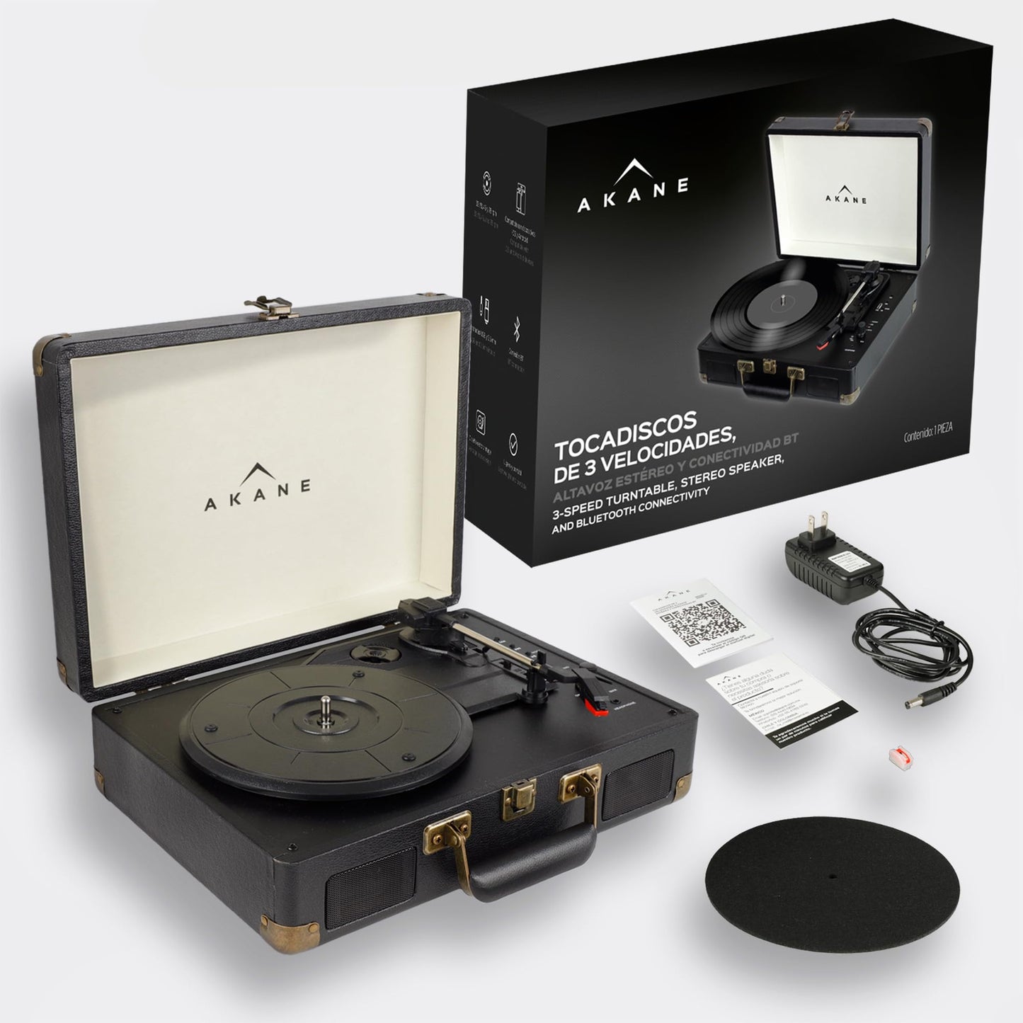 Akane Tocadiscos Vinyl Bluetooth Portátil con Bocinas Estéreo Integradas, Diseño Vintage de Maletín, Puerto USB, Salida de Audífonos y RCA, Entrada Auxiliar, Tornamesa para Vinilo de 3 Velocidades