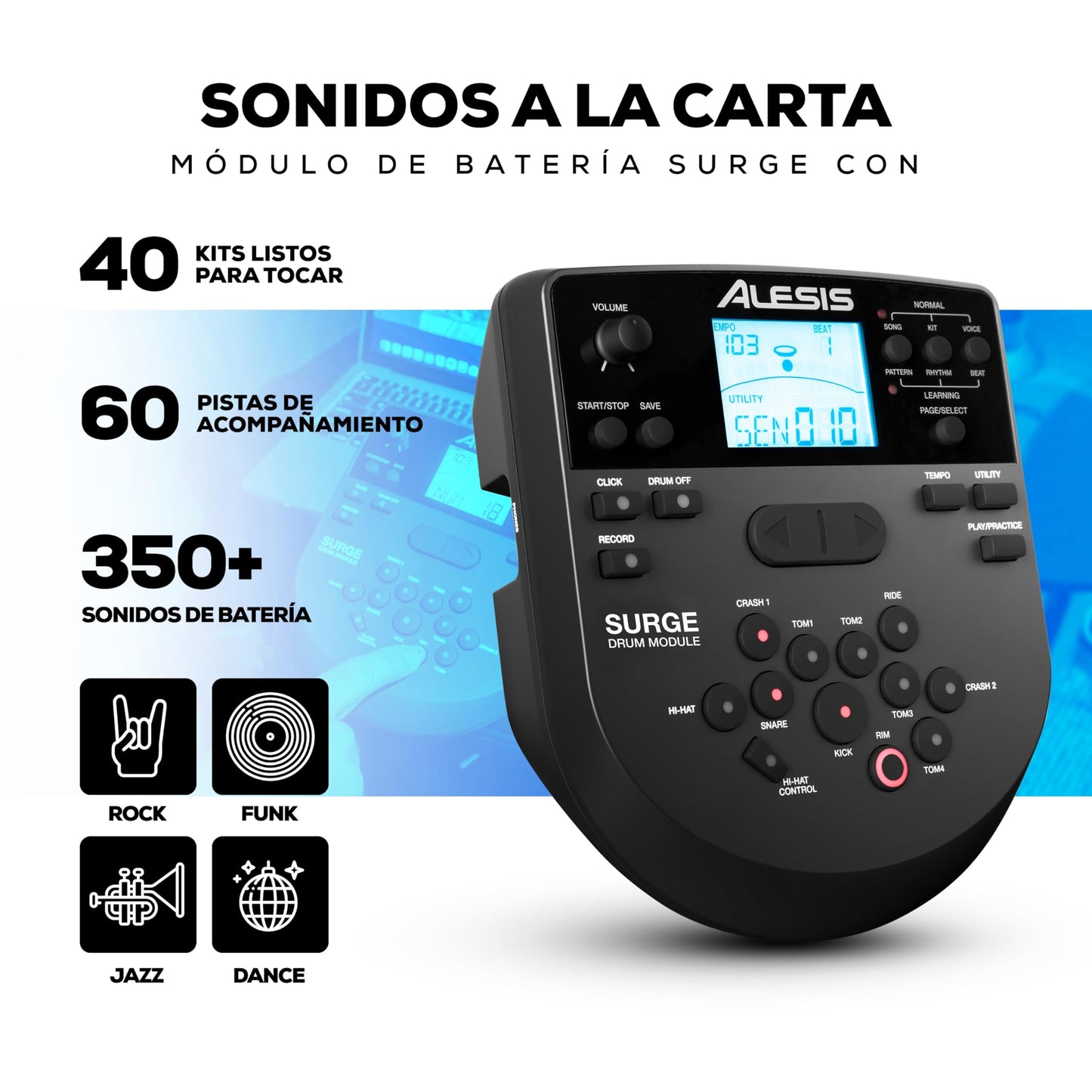 Alesis Surge Mesh SE Kit - Set de Batería Electrónica, conectividad MIDI USB, parches de malla, módulo percusión, rack sólido, 40 kits y 385 sonidos