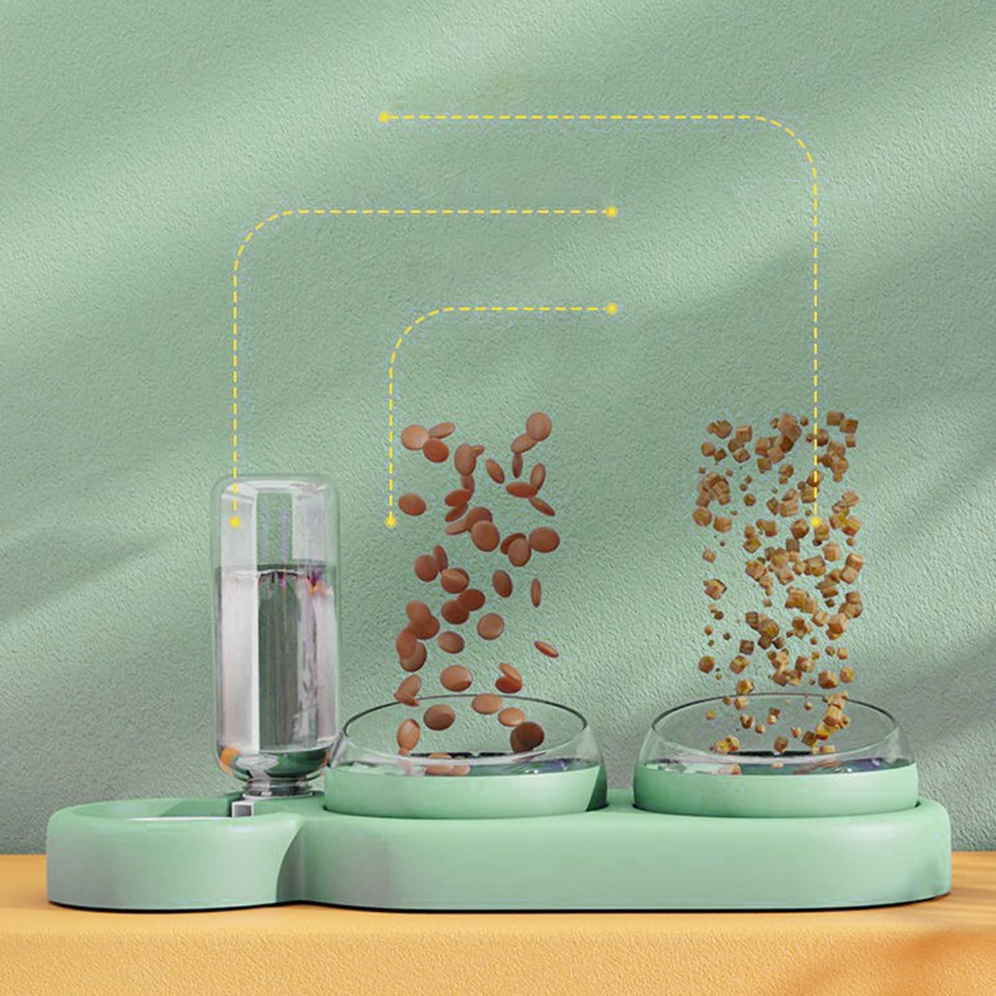 AMONIDA Plato Triple para Mascotas, Diseño Inclinable, Juego de Tazones de Agua para Mascotas, Protección de la Columna Cervical, Inodoro con Botella de Agua, Gato y Perro (Verde)