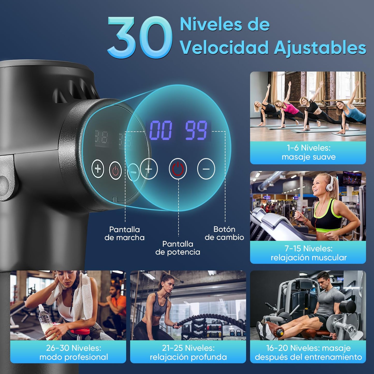 Pistola de Masaje Muscular, Masaje Eléctrico de Mano con 12 Cabezales y 30 Velocidades Ajustables, Masajeador Muscular de Tejido Profundo, Masajeador de Espalda para Hombro, Cuello