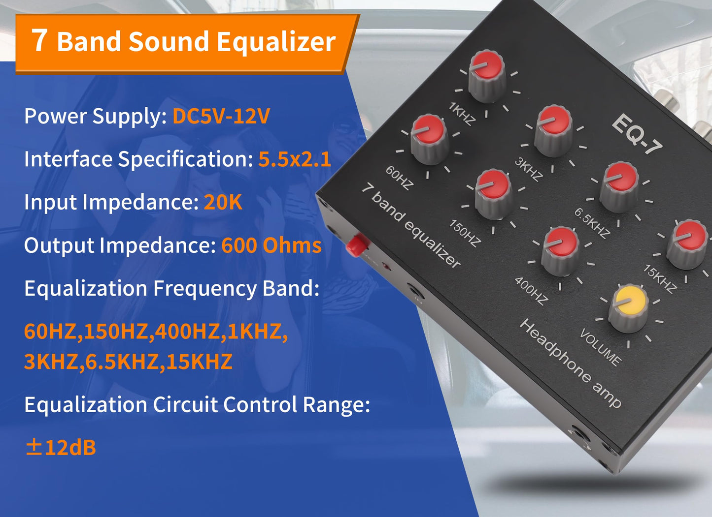 Gugxiom Ecualizador de Sonido de 7 Bandas, Ecualizador Digital de Doble Canal, Ajuste de Graves Altos de 12 DB, Entrada de Salida , Interfaz de Entrada de 3,5 Mm Compatible con