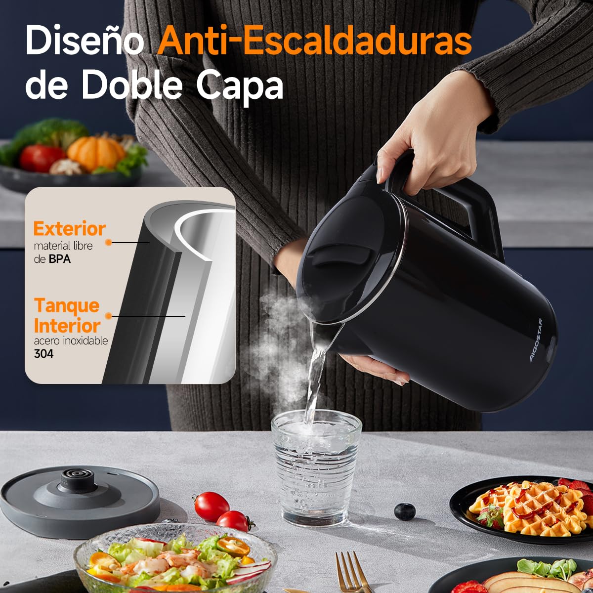 Aigostar Hervidor, Tetera Eléctrica de 1.7 Litros, Doble Pared de Acero Inoxidable, Apagado Automático, 1200w, Base Removible, Negro