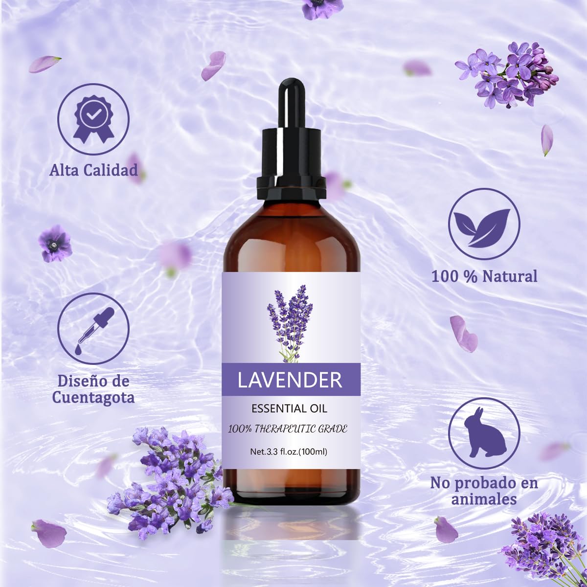 Aceite Esencial EASYTAO Lavanda Puro y Natural 100ml con Gotero de Vidrio para Aromaterapia