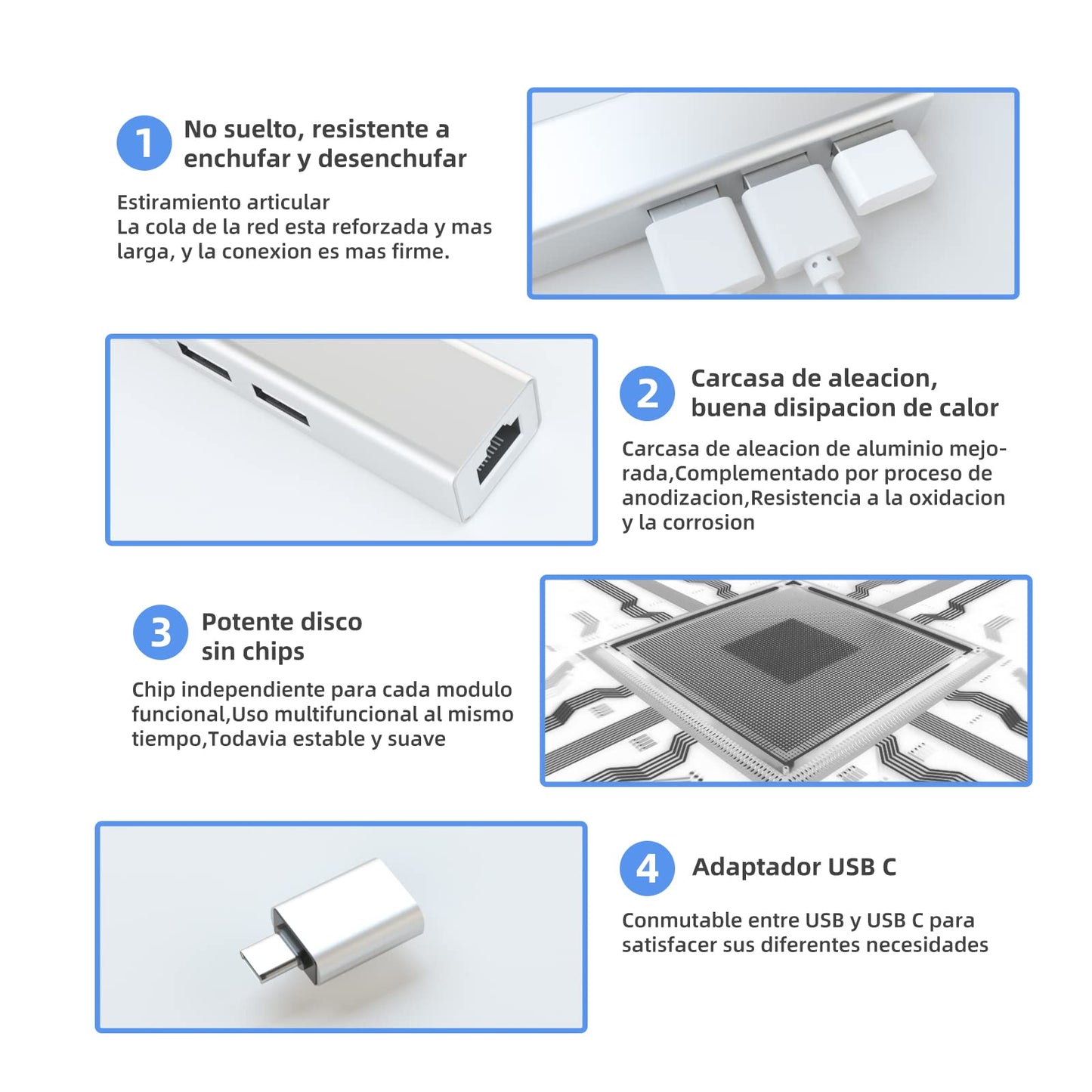 Adaptador USB Ethernet Qzgyoool con USB C y Hub 4 en 1 para PC y Mac