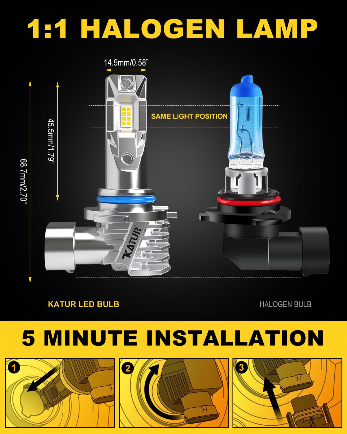 KATUR Bombilla 9012 LED 16000LM 6000K Blanco, Bombilla LED 9012 HIR2 para Faros De Coche 80W 500% Brillo Sin Ventilador Mini Tamaño Plug and Play Kit De Conversión Halógeno Reemplazo, Paquete De 2