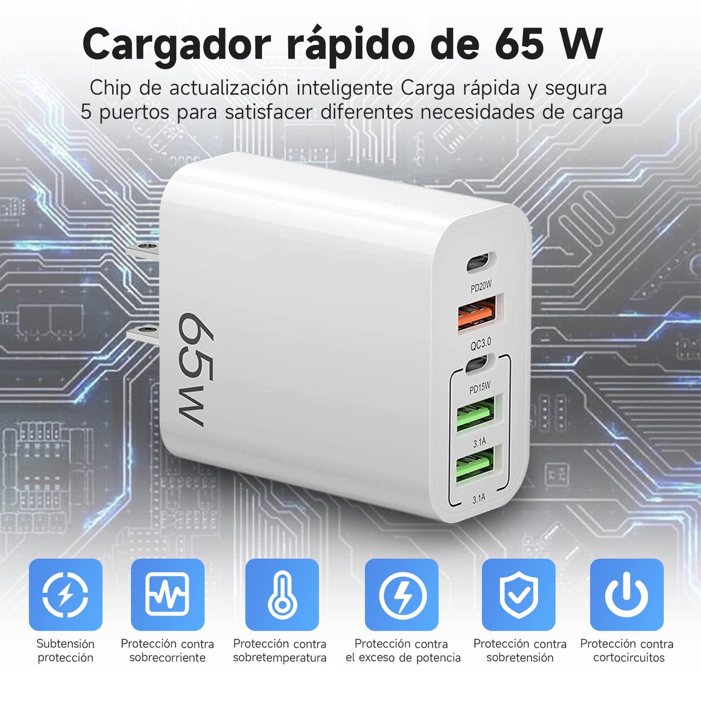Eynshoo Cargador Tipo C con Cable 1.5m, 65W Cargador USB C PD20w+PD15w 5 en 2 Carga Rapida, Compatible con iPhone 14 13 12 11 Pro MAX iPhone Mini X XS XR 8 9 Plus iPad Pro Huawei (PD20w+PD15w)