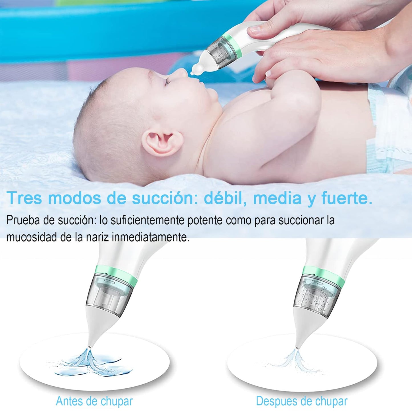 GQVOSXC Limpiador Nasal Eléctrico para Bebés, Saca Mocos para Bebe con Carga USB, Extractor de Mocos para Bebe con 2 Cabezales de Silicona, 3 Niveles de Succión Ajustables, Música y Calmante Ligera