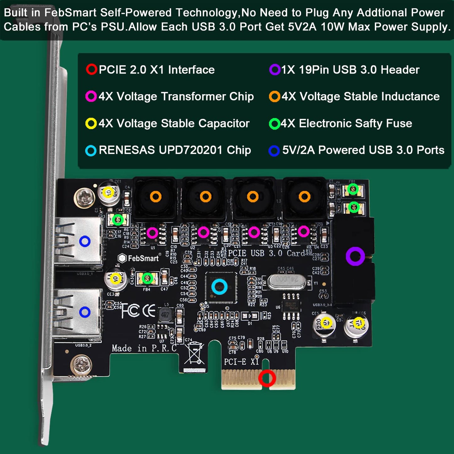 FebSmart 1 cabecera USB 3.0 de 19 pines y 2 puertos USB-A PCIE USB 3.0 tarjeta de expansión de 5 Gbps para PC de escritorio Windows y Linux, tecnología autoalimentada integrada, sin necesidad de fuente de alimentación adicional (FS-HA-Pro)