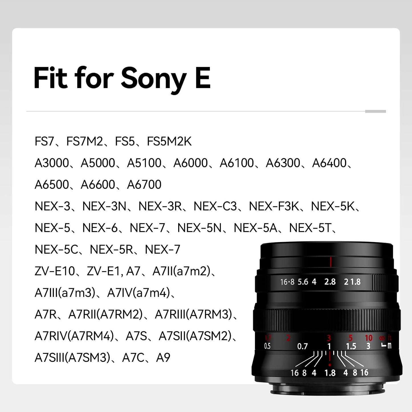 Brightin Star 55 mm F1.8 Lente de cámara sin espejo de enfoque manual de gran apertura de marco completo, compatible con Sony E-Mount ZV-E10, A6000, A6400, A6600, A7C, A7III, A7IV, A7RIII, A7RIV, A7SII, A7SIII, A9, A1
