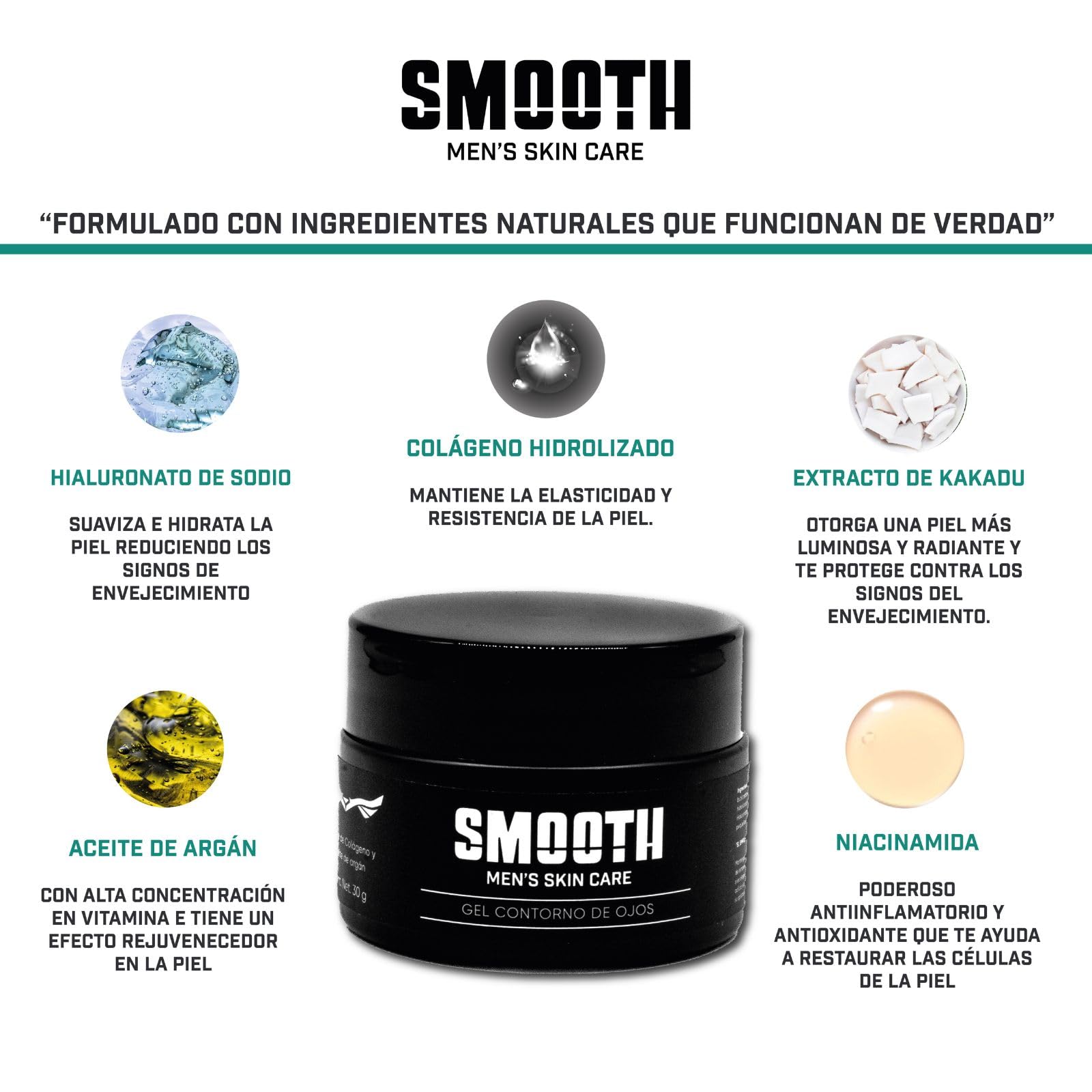 Kit de Cuidado Facial SMOOTH Para Hombre Té Verde, Hialurónato, Vitamina C, Cólageno y Tepezcohuite