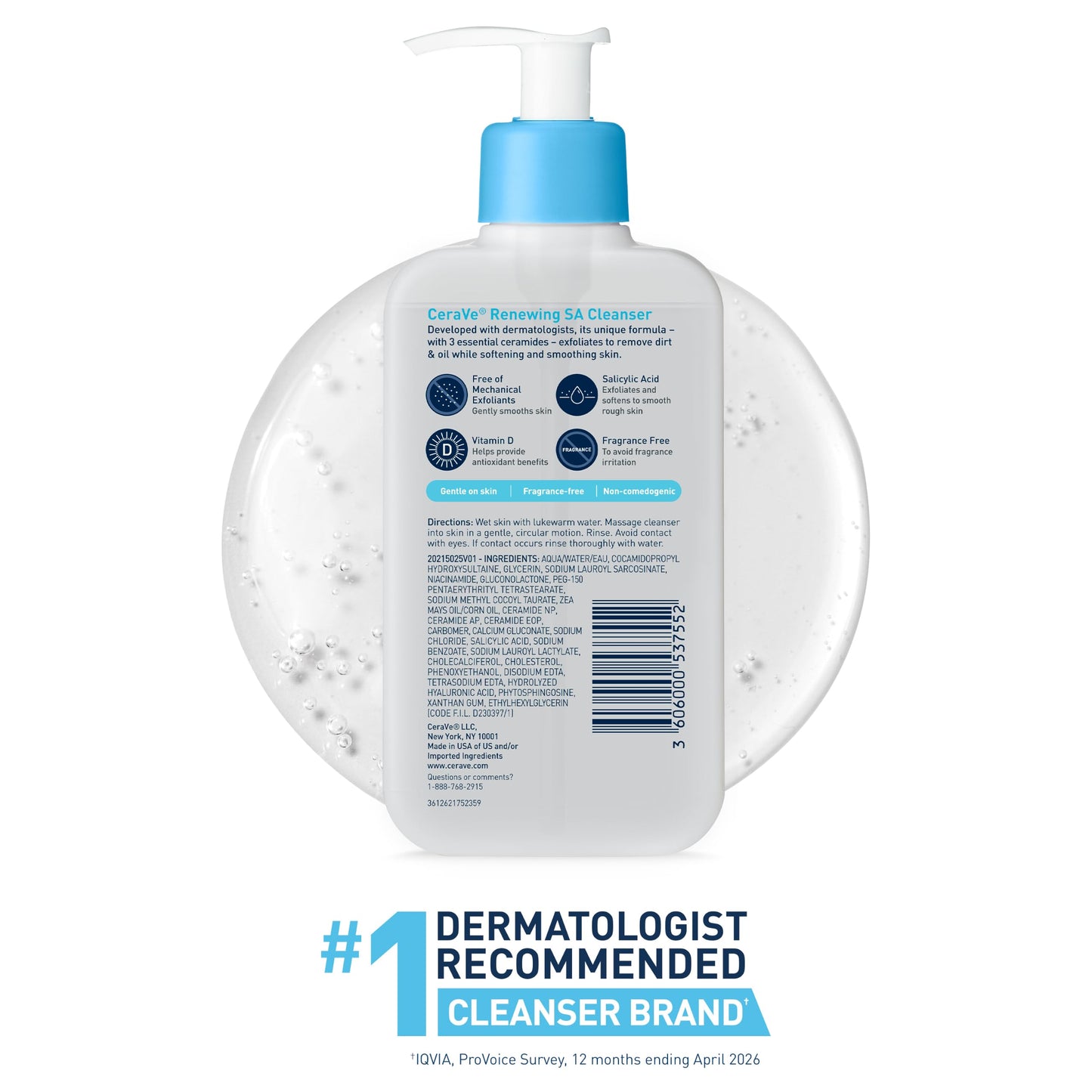 CeraVe SA Cleanser | Salicylic Acid Cleanser with Hyaluronic Acid, Niacinamide & Ceramides| BHA Exfoliant for Face | Fragrance Free Non-Comedogenic | 16 Ounce