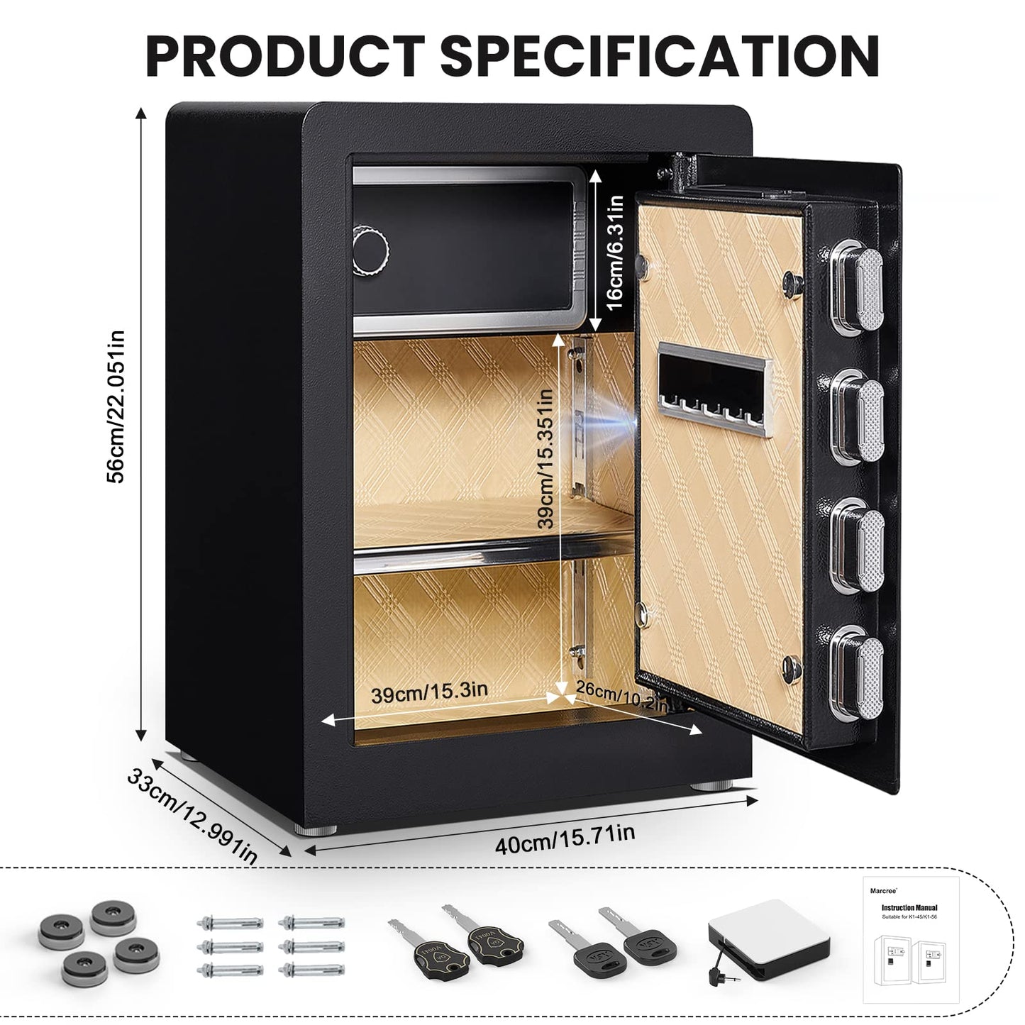 Caja de seguridad biométrica para huellas dactilares, 2.6 Cub, caja de seguridad con aviso de voz y gabinete interior privado, caja fuerte para el hogar con teclado de visualización táctil, doble