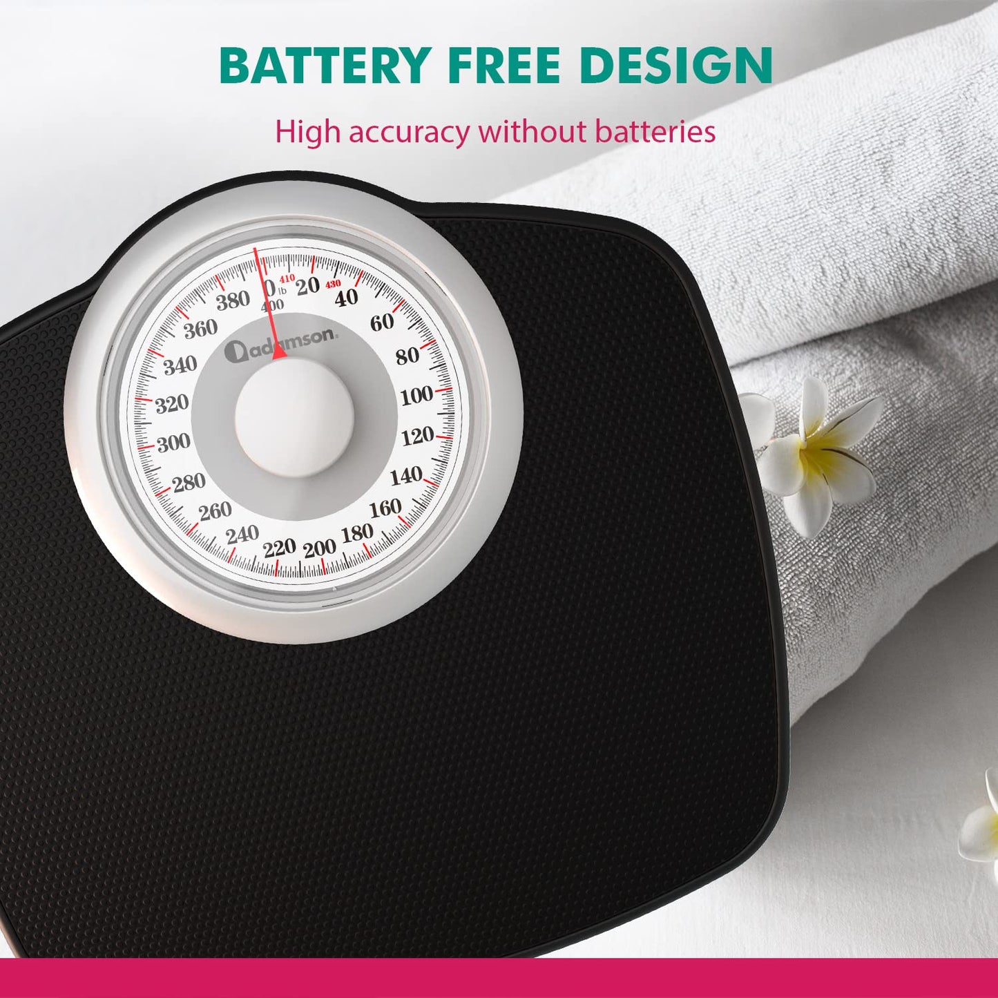 Adamson Báscula A25W para peso corporal, hasta 400 libras, esfera de 5.3 pulgadas en plataforma de 12.5 x 10.2 pulgadas, superficie de goma antideslizante, báscula de baño de alta precisión, analógica