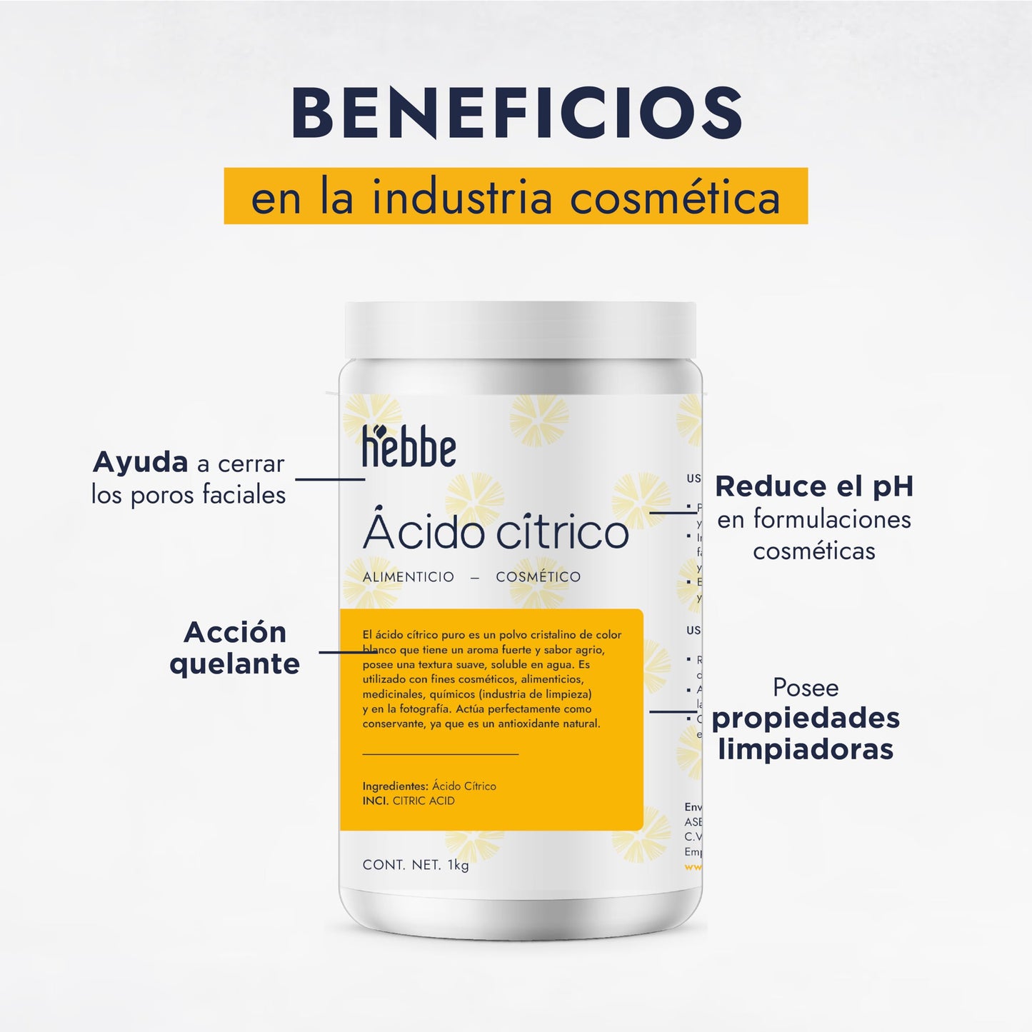 Hebbe | Ácido Cítrico | Reduce el pH, Antioxidante y Quelante | Poros Renovados y Piel Radiante | 1 kg