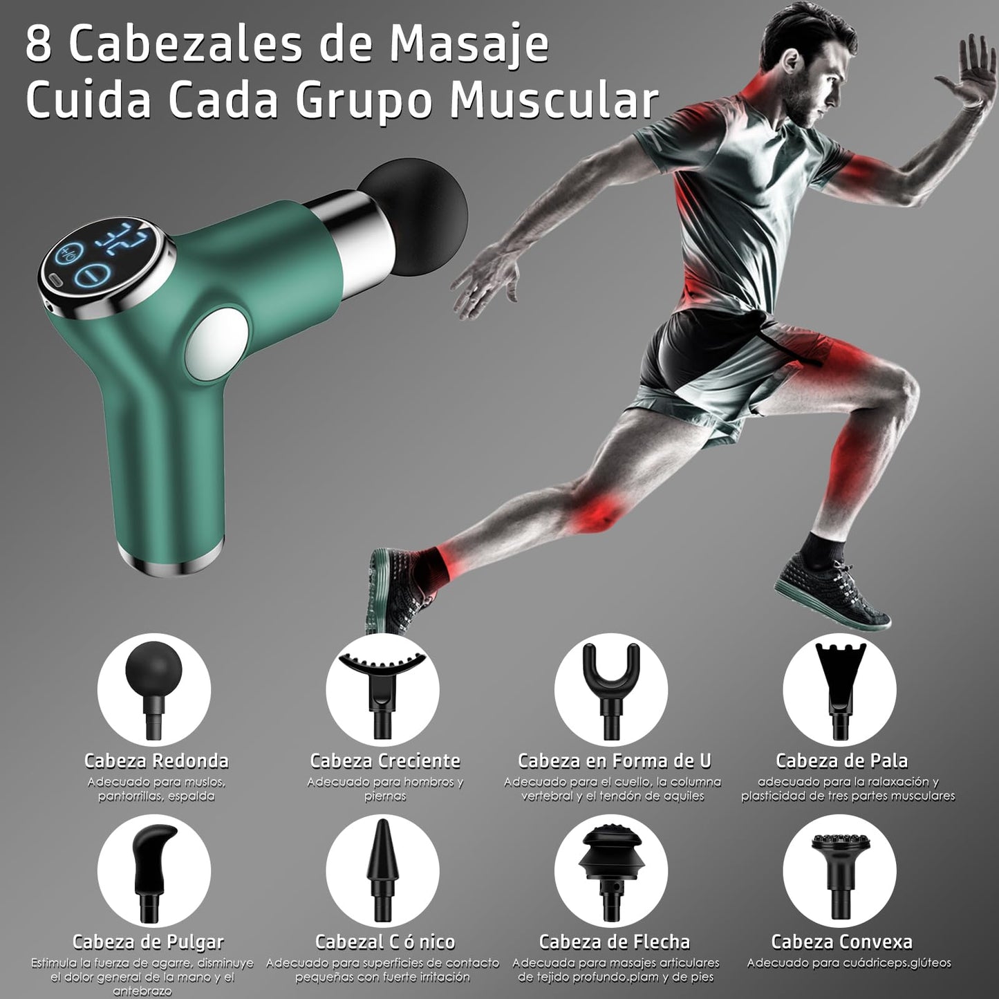 Pistola de Masaje Handheld,Mini Massage Gun Masajeador Muscular Eléctrico,con 8 Cabezales y 32 Niveles Ajustables,Máquina de Masaje Espalda Recargable,Súper Silencioso y con Pantalla Lcd,Verde