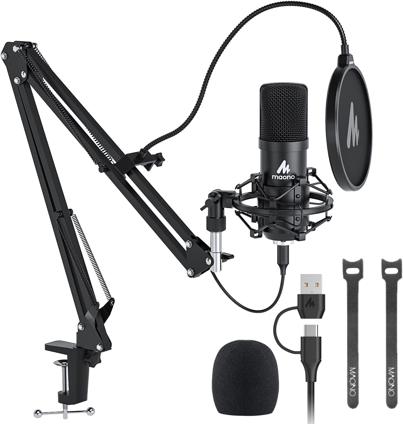 MAONO Kit Micrófono USB Condensador, Mic Cardioide con Chipset de Sonido Profesional 192KHZ/24BIT Plug & Play para PC, Mac, PS4, Microfono para Gamer, Streaming, Podcast, Youtube, Grabación(AU-A04)
