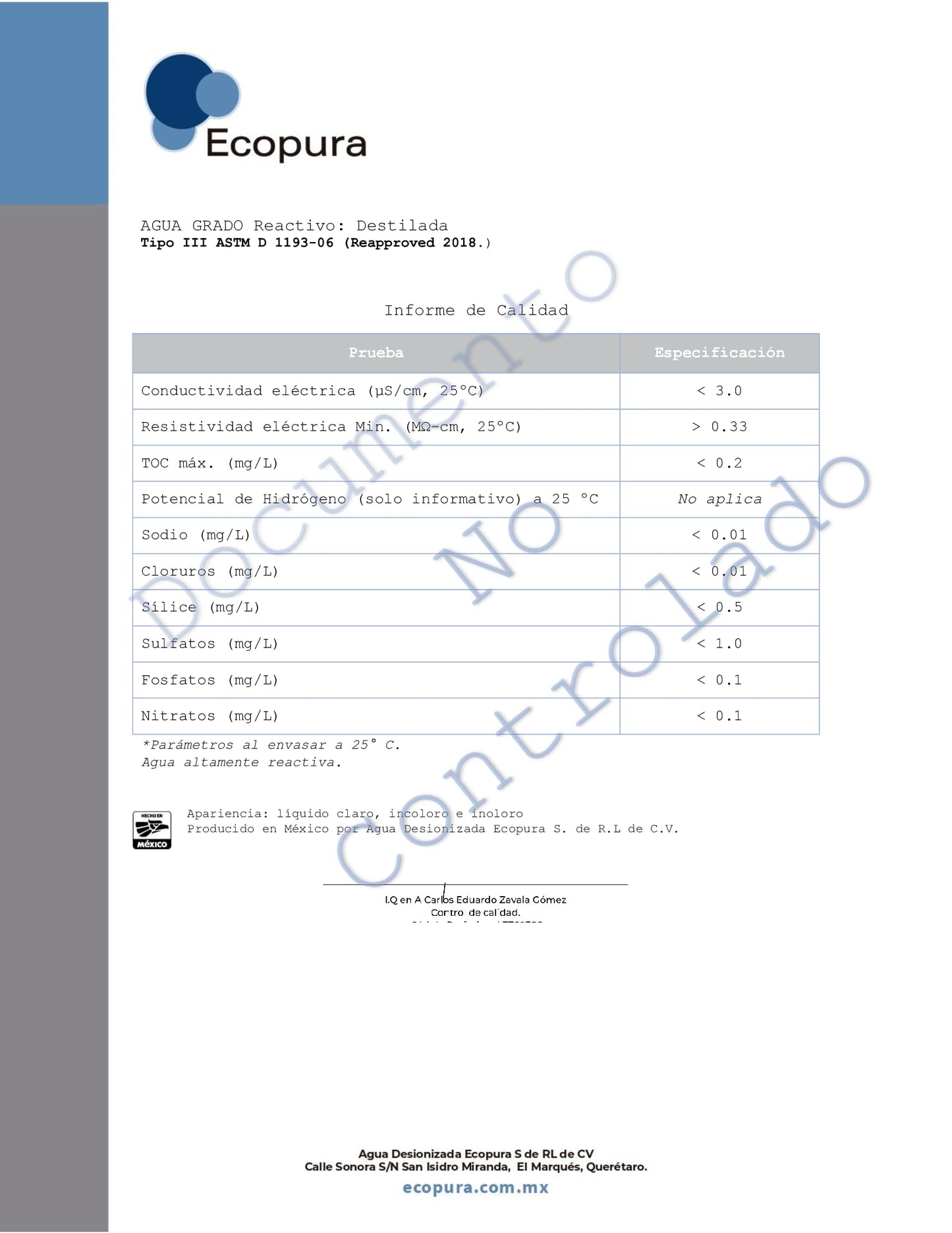 Agua Destilada ECOPURA Transparente Calidad Certificada Caja 12 Piezas