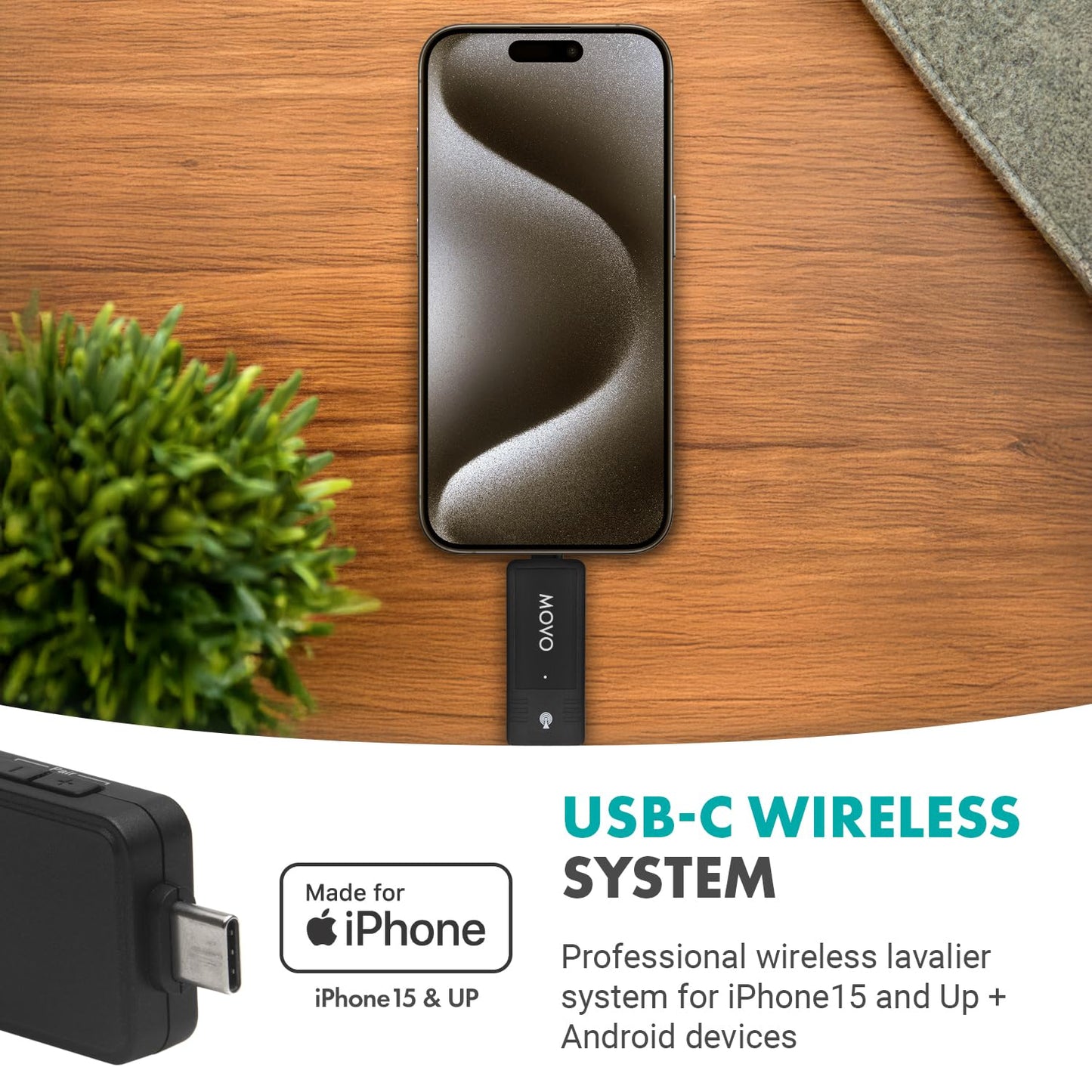 Micrófono Lavalier Inalámbrico Movo USB-C para Android e iPhone 15 con Transmisión de 2,4 GHz y Adaptador USB-A