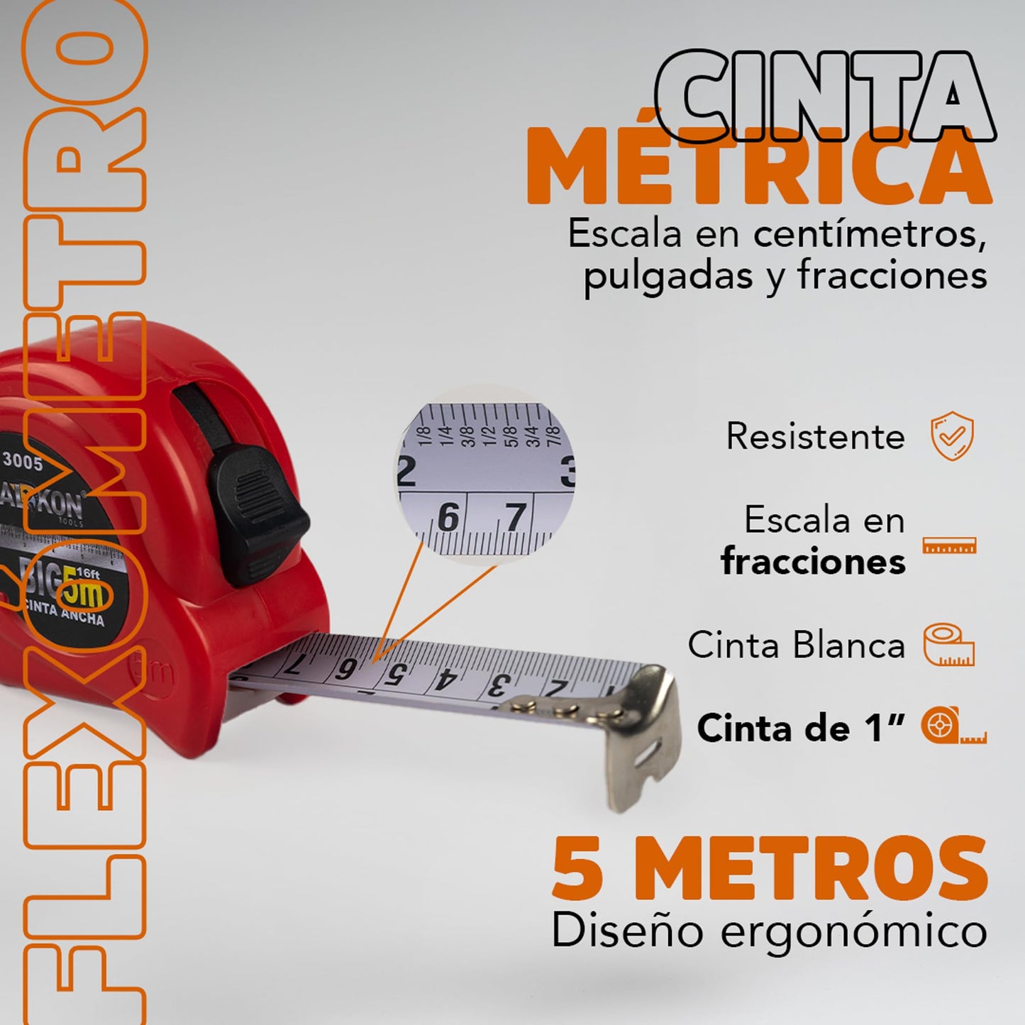 Flexómetro WALKON Rojo Cinta Blanca con Escala en Centímetros, Pulgadas y Fracciones