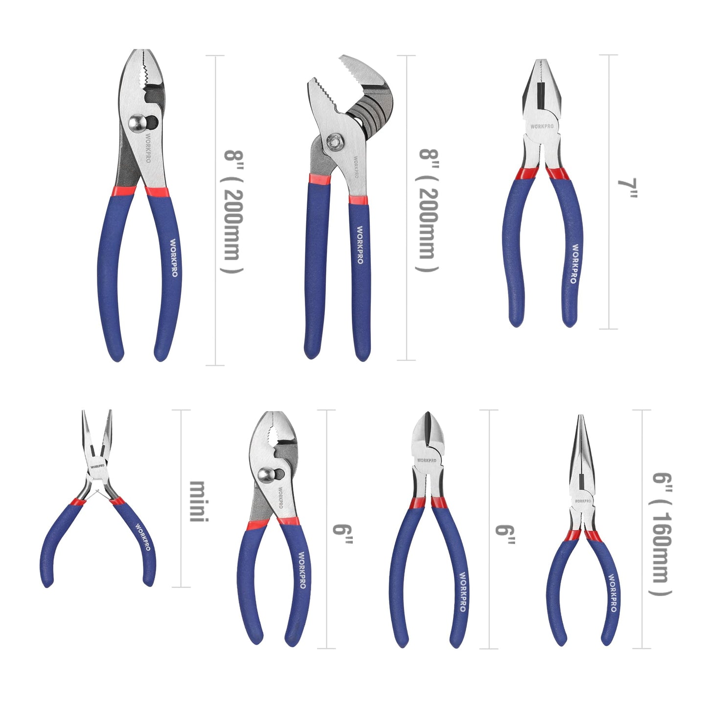 Workpro 7-piece Pliers Set (8" Groove Joint Pliers, 6" Long Nose, 6" Slip Joint, 7" Linesman, 8" Slip Joint)