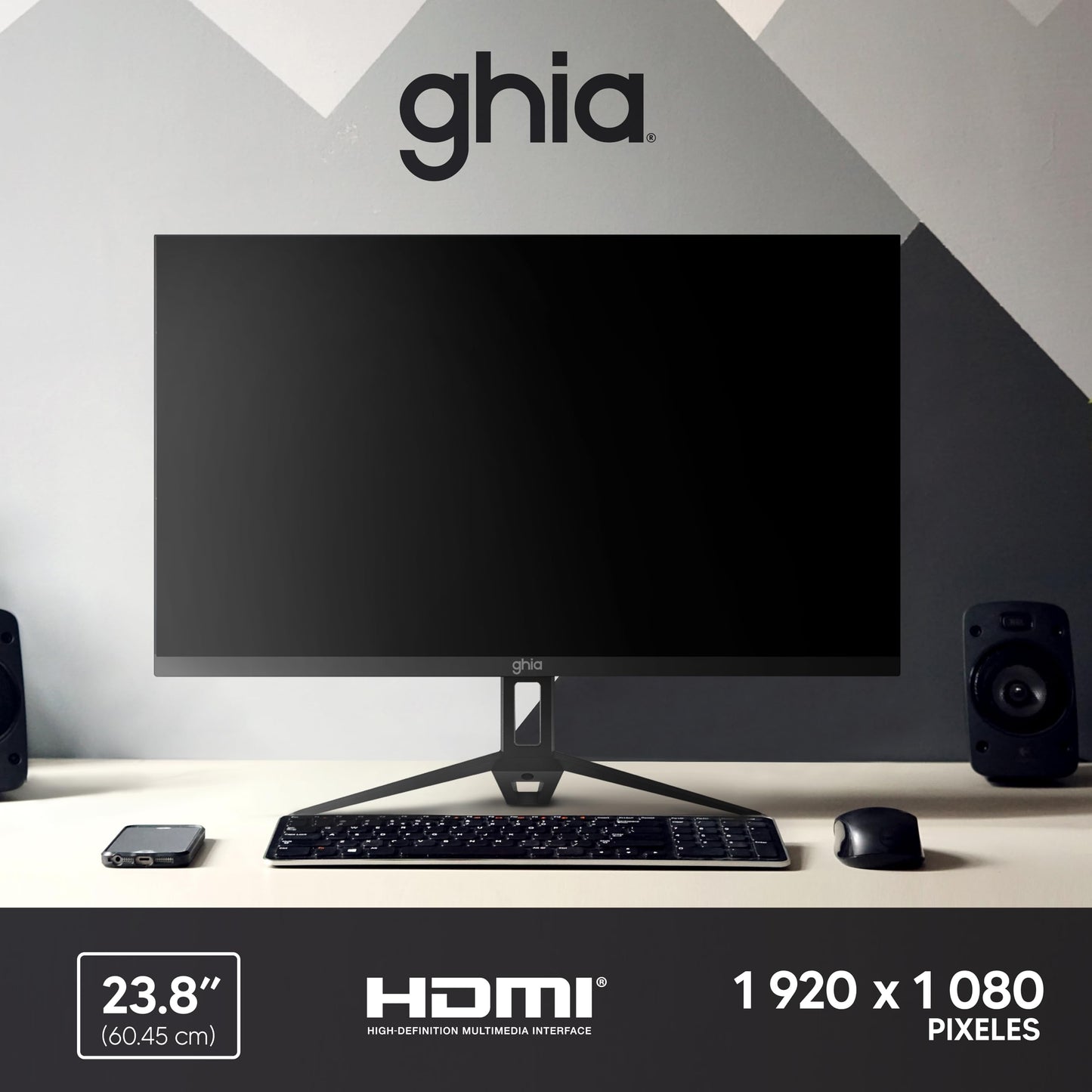 GHIA Monitor MG2424. Panel IPS de 23.8" Pulgadas (60.45cm), Frameless, Resolución Full HD 1920x1080, 100 Hz tasa de refresco, HDMI/VGA, Bocinas integradas.