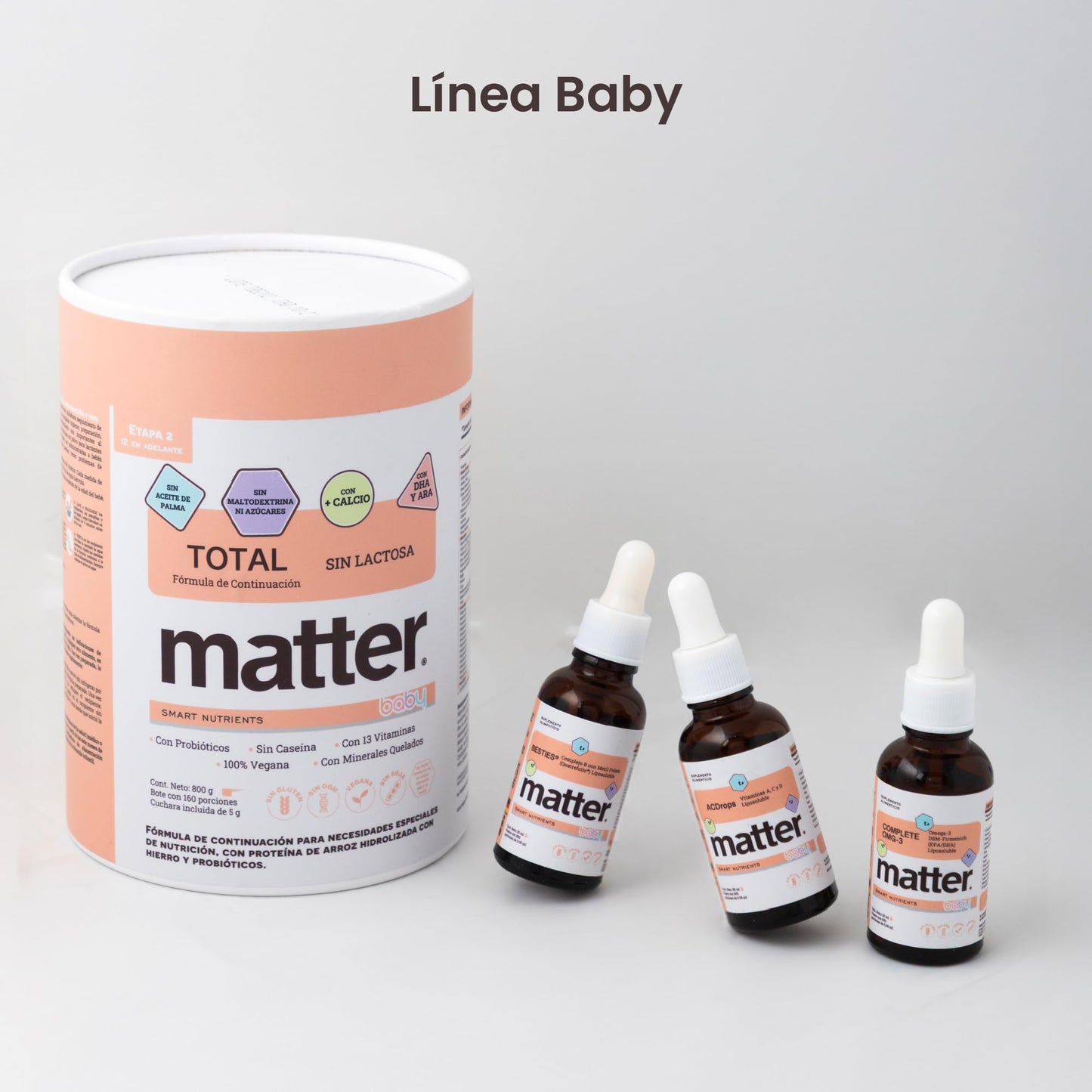 Matter Total Baby Etapa II, Fórmula Sin Lactosa con Proteína de Arroz Hidrolizada, Hierro Albion®, DHA y Probióticos, Apoyo al Desarrollo y Crecimiento desde los 12 Mesesen adelante, 1 Bote con 800 g