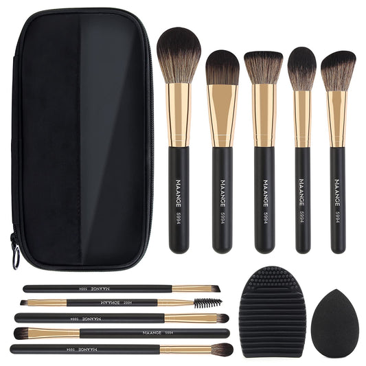Brochas de Maquillaje Set 10 PCs Profesional Kit de Pinceles de Maquillaje Kabuki Sombra de Ojos Brocha Maquillaje con Esponja de Maquillaje (oro negro)