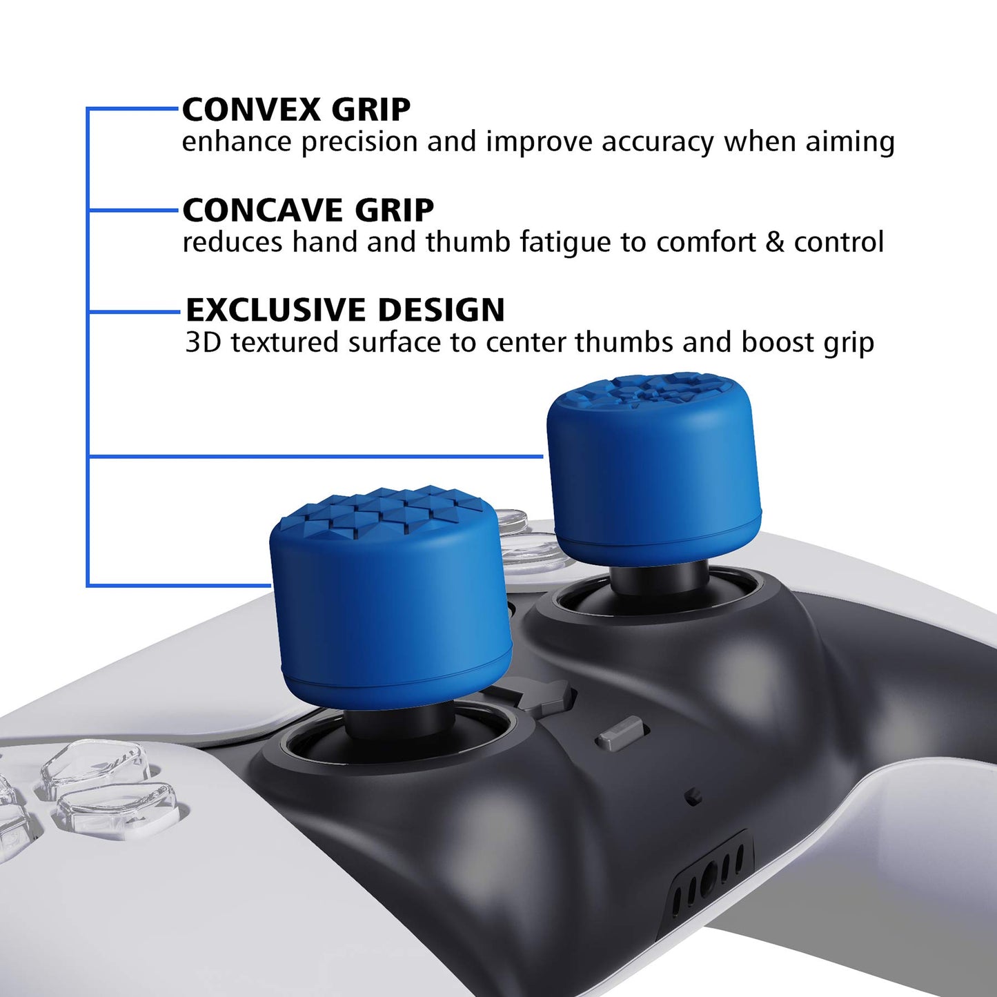 Agarres de Pulgar PlayVital Azul Grano de Diamante y Grieta para PS5, PS4, Xbox Series X/S, Xbox One, Switch Pro con 3 Alturas Convexas y Cóncavas