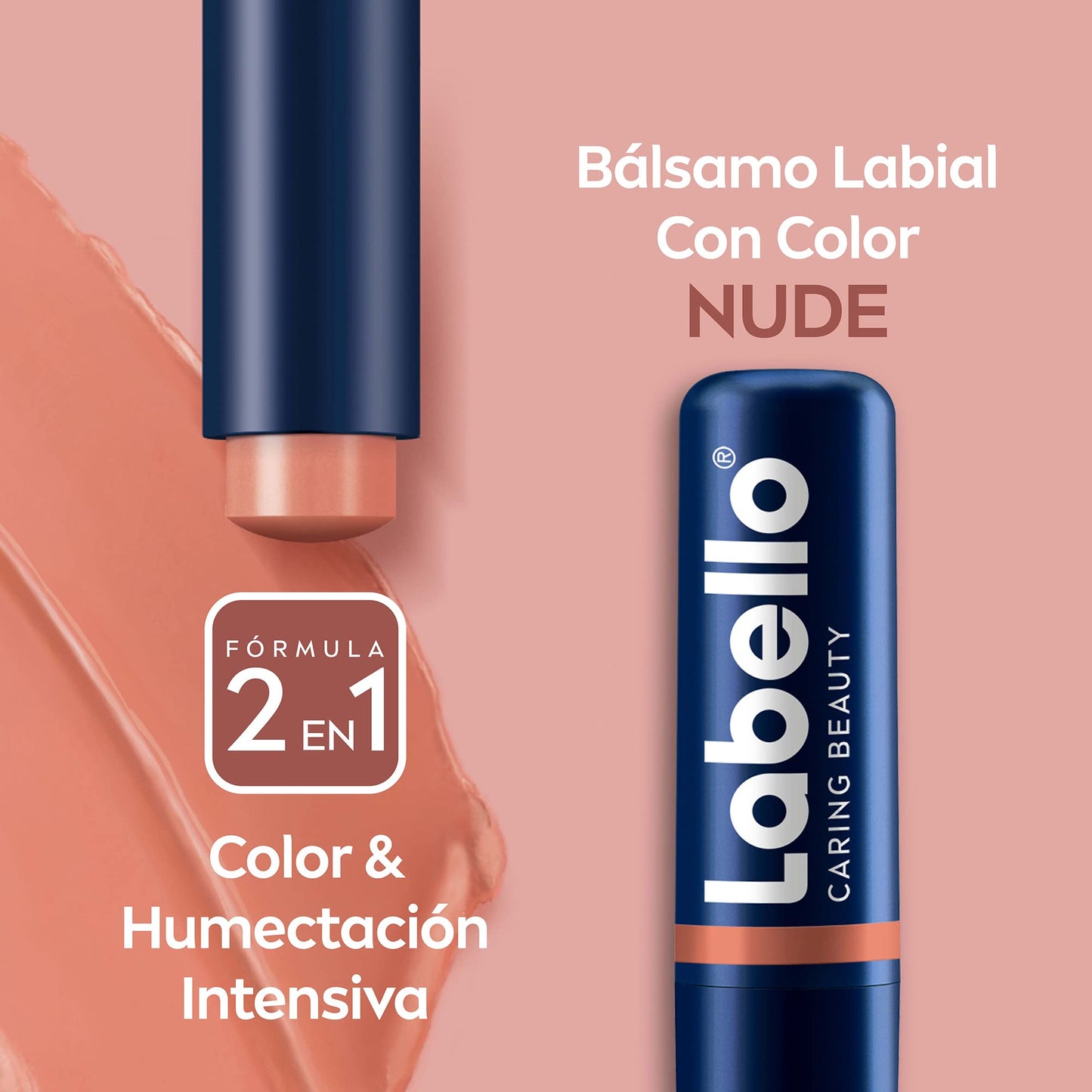 Labello Bálsamo Labial Caring Beauty Nude (4.8 g), Color Intenso y Cuidado Duradero con Vitamina E y Aceite de Almendras Orgánico + Cereza 4.5g, color Cereza, 4.8 gram, pack of/paquete de