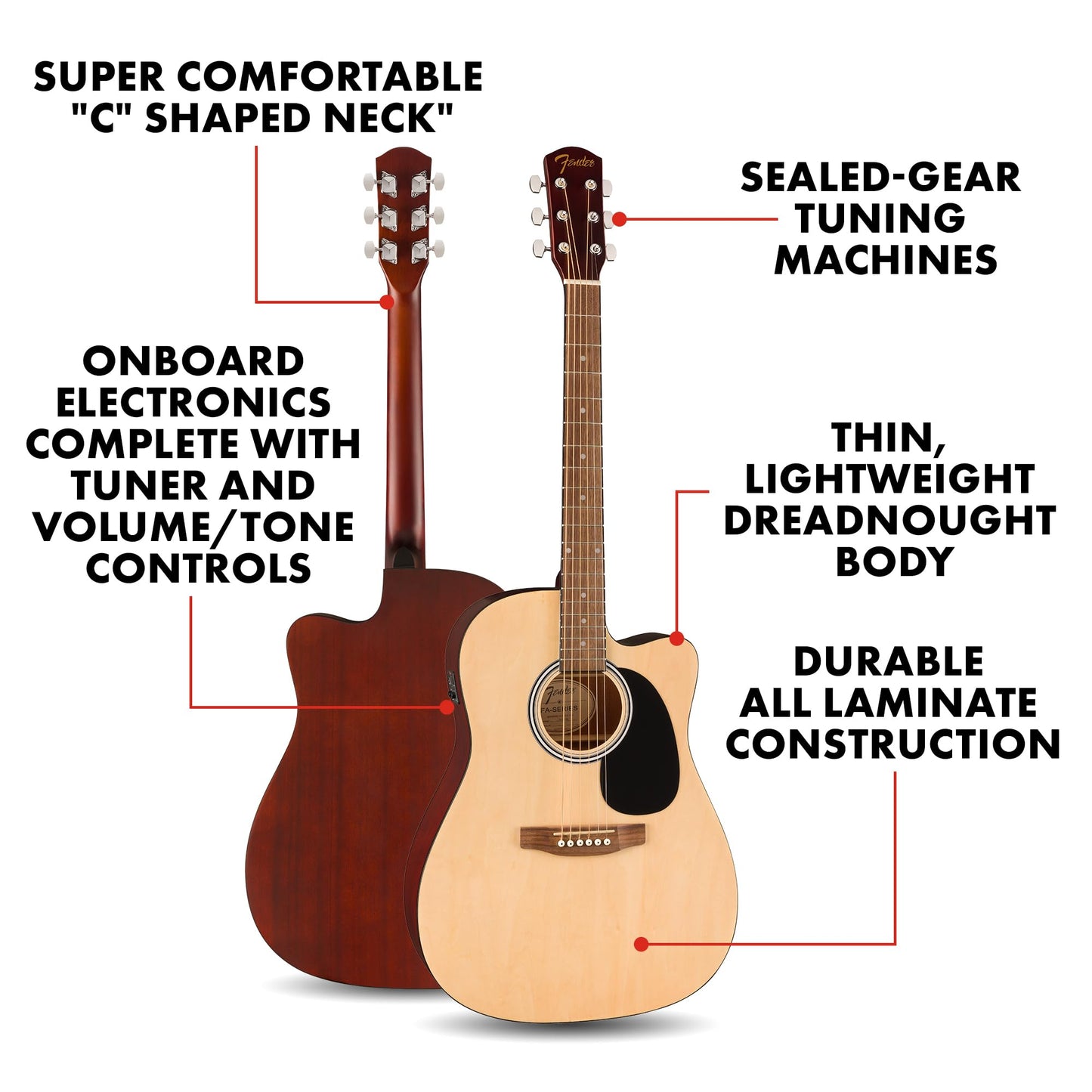 Fender FA-25CE Dreadnought Acoustic Electric Guitar, Beginner Guitar, with 2-Year Warranty, Includes On-Board Volume and Tone Controls, Comes with Free Lessons, Natural