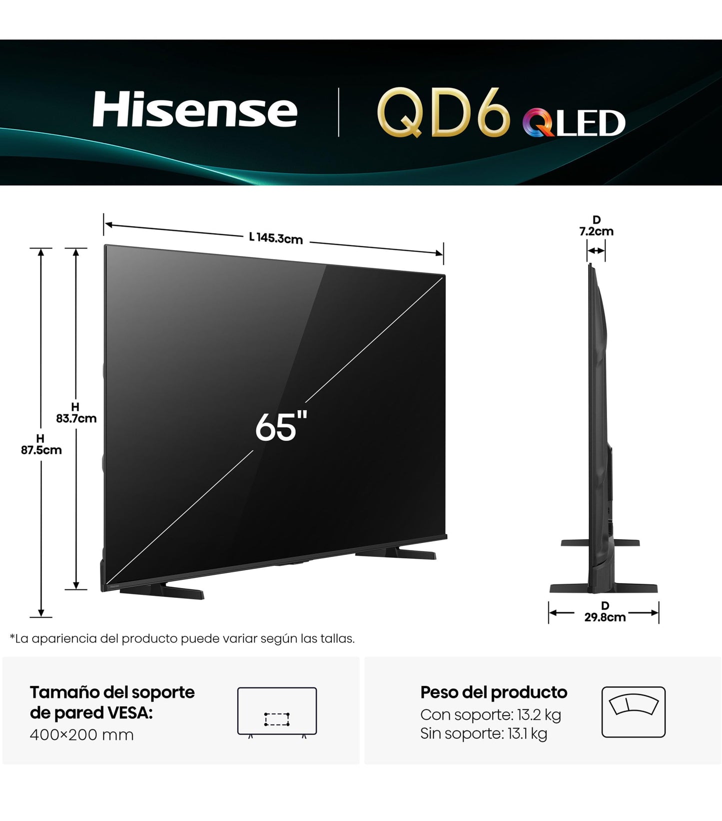 Hisense Pantalla QLED 4K Vidaa U Compatible con Alexa,Dolby Vision Atmos, Escalado IA a UHD, HDMI, LAN, WiFi. Control de Voz. Bluetooth. (2025) Free HDMI Cable UHD. (65")