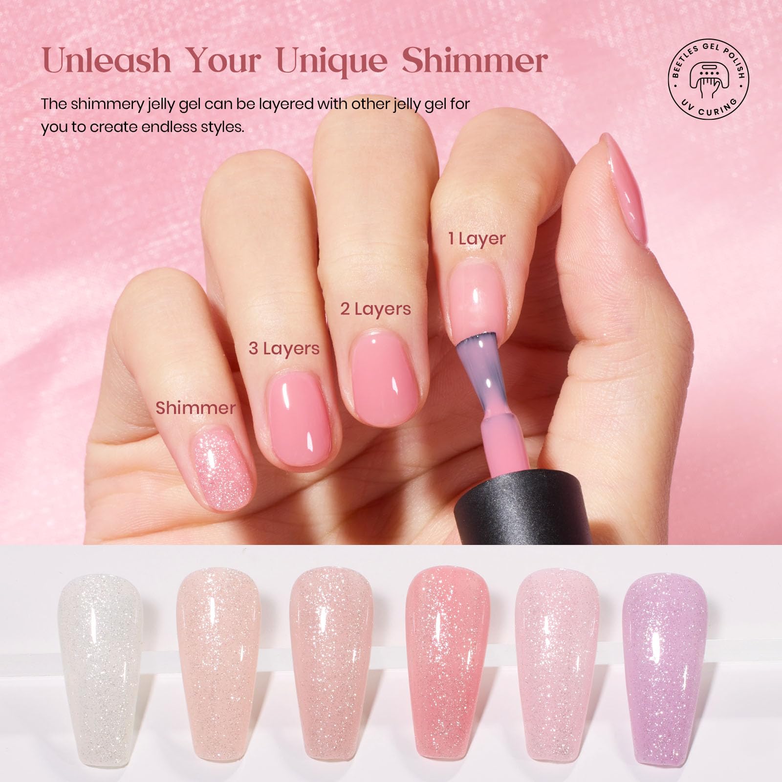 Juego de esmaltes de uñas en gel Beetles Pink Nude, 20 colores neutros, rosa gelatinoso, transparente, con purpurina, color blanco, kit de gel UV Soak Off con capa superior mate brillante de gel base, regalos de manicura DIY