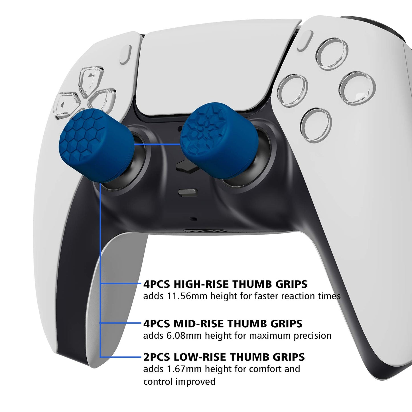 Agarres de Pulgar PlayVital Azul Grano de Diamante y Grieta para PS5, PS4, Xbox Series X/S, Xbox One, Switch Pro con 3 Alturas Convexas y Cóncavas