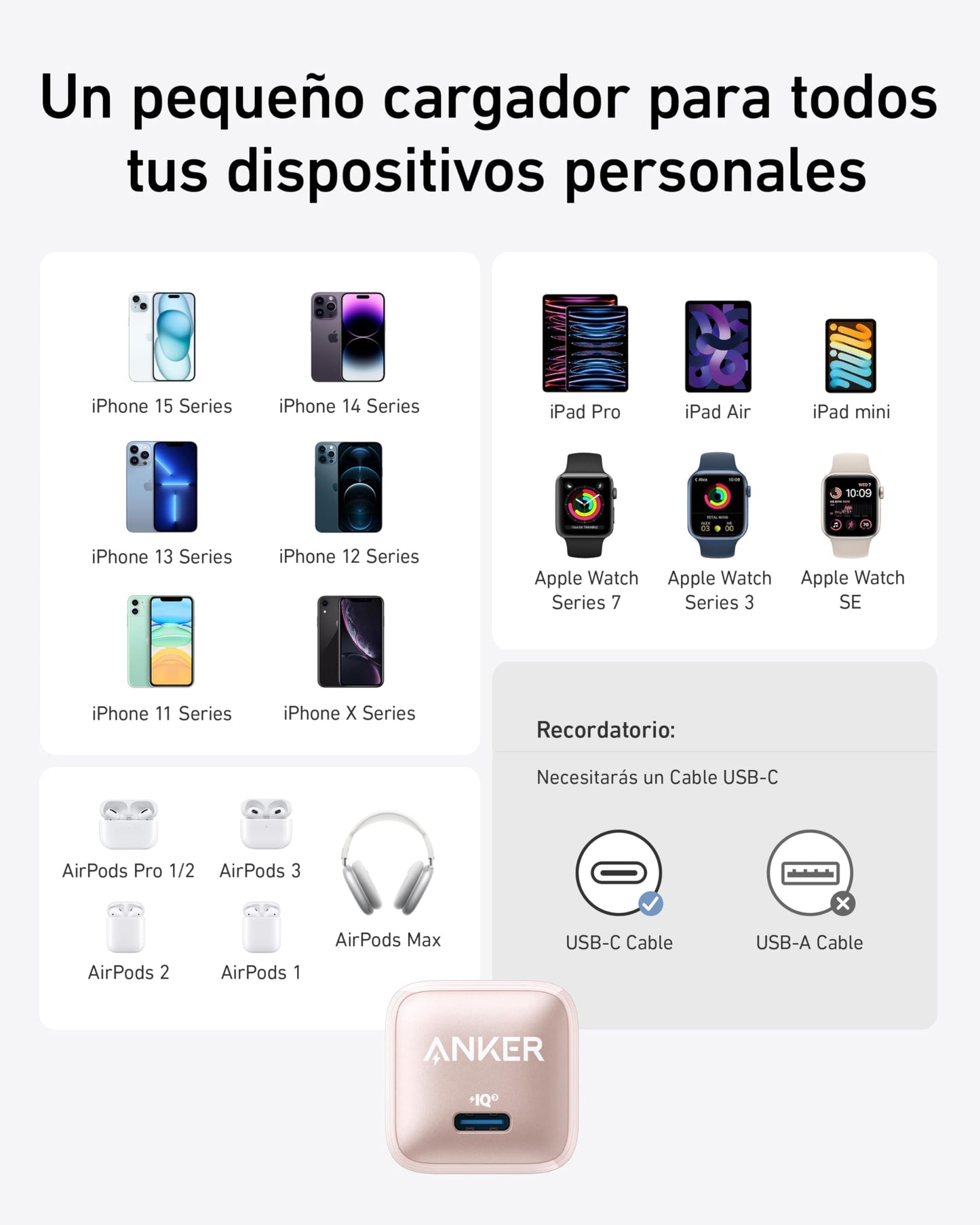 Anker Cargador USB C de 20 W, Cargador 511 (Nano Pro), PIQ 3.0 Cargador rápido Compacto para iPhone 16/16 Plus/16 Pro/16 Pro MAX, Serie 15/14/13, Galaxy, Pixel 4/3, iPad (Cable no Incluido)