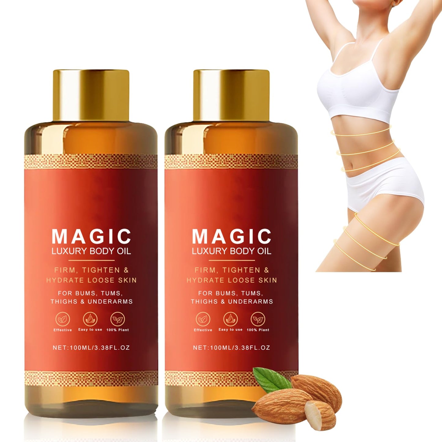 Conjunto de 2 aceites corporales mágicos Besque, hidratante lujoso de rápida absorción y no graso para reafirmar, hidratar y suavizar la piel en brazos, pecho, muslos y abdomen (100ml)