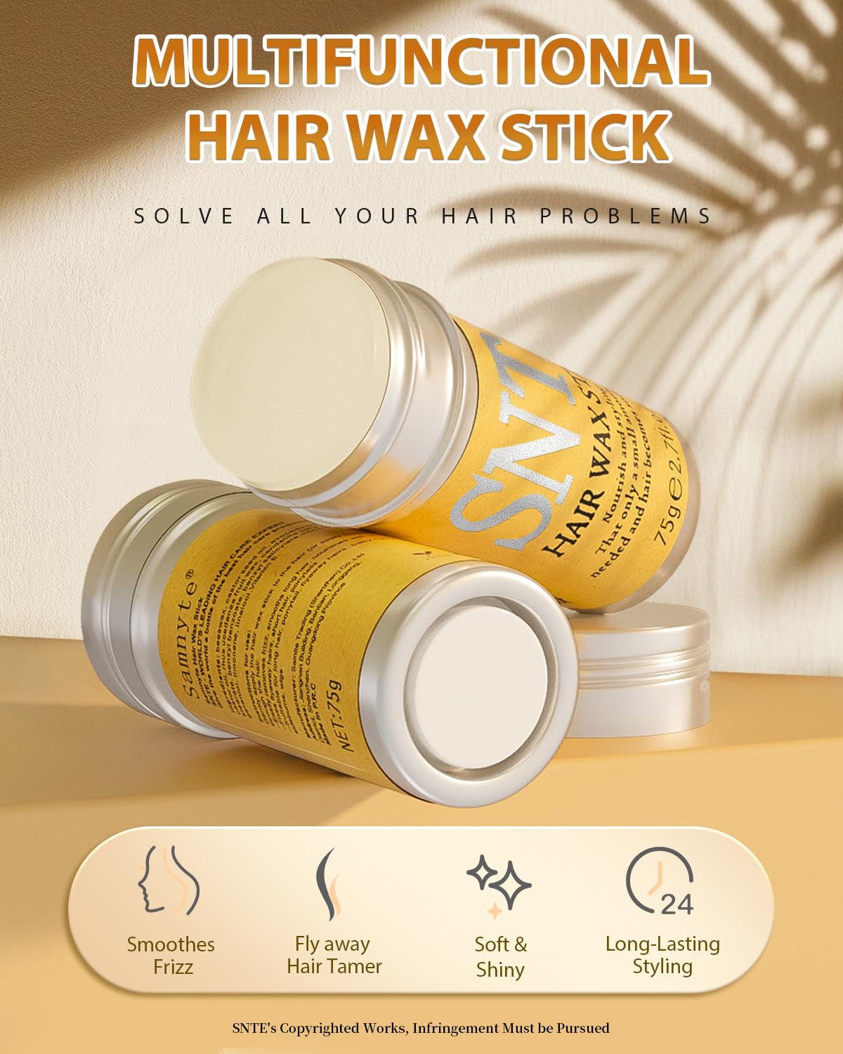 Samnyte Barra de cera para el cabello, barra de cera para pelucas de control de bordes barra para el cabello no graso Pomada de pelo para Flyaways borde Frizz pelo - 2.7 Oz