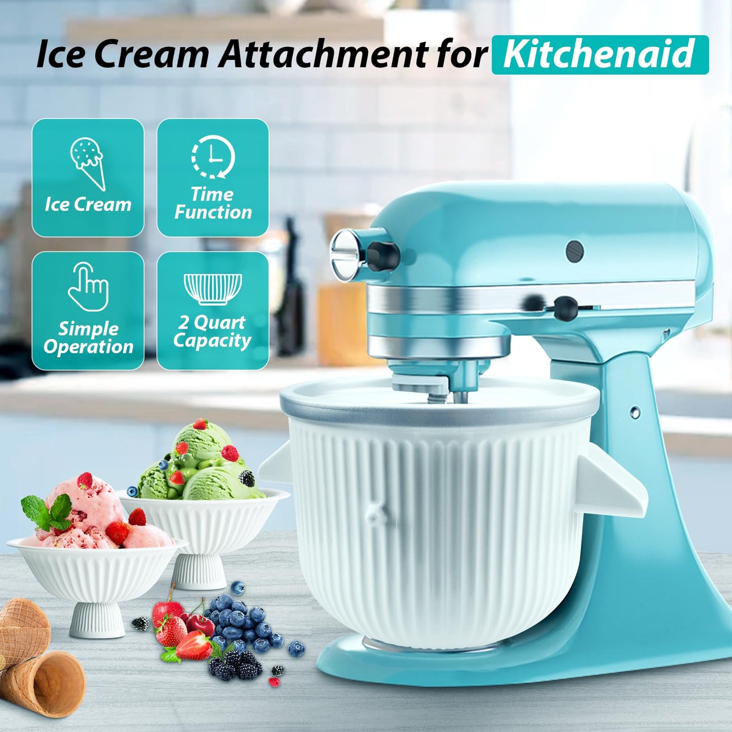 Accesorio para máquina de helados para batidora de soporte KitchenAid, tazón de helado compatible con batidoras de soporte de 4.5 cuartos y más grandes, accesorio para hacer helados y sorbete, 2