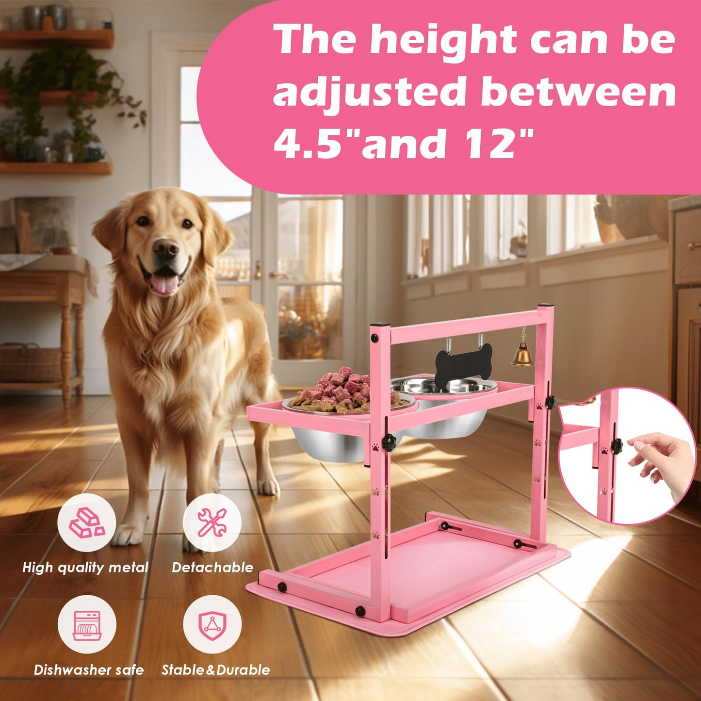 Cuencos Elevados SHAINFUN Rosa con Soporte Ajustable y 2 Cuencos de Acero Inoxidable para Perros Grandes, Medianos y Pequeños