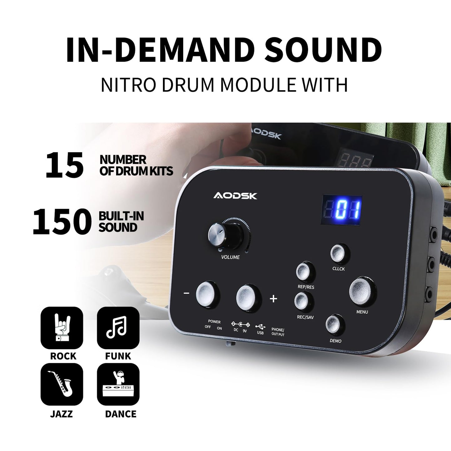 AODSK - Juego de batería electrónica para niños principiantes con 150 sonidos, con 4 almohadillas de tambor, 2 pedales de cambio, taburete, baquetas, auriculares de botón - AED-400