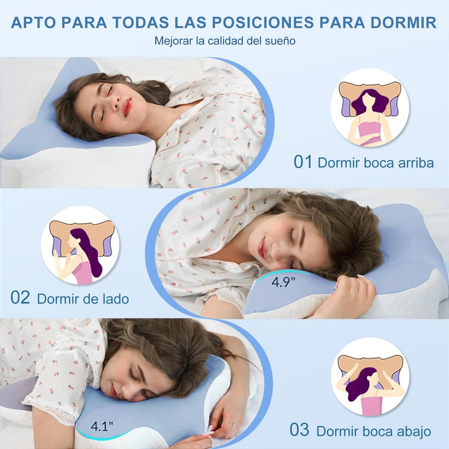 JeeLeeko Almohada Cervical de Espuma con Memoria 2en1 Almohada Ortopédica Ergonómica para Dolor de Cuello y Soporte Contorneado para Dormir de Lado, Espalda o Estómago (Embalaje Normal, Azul)