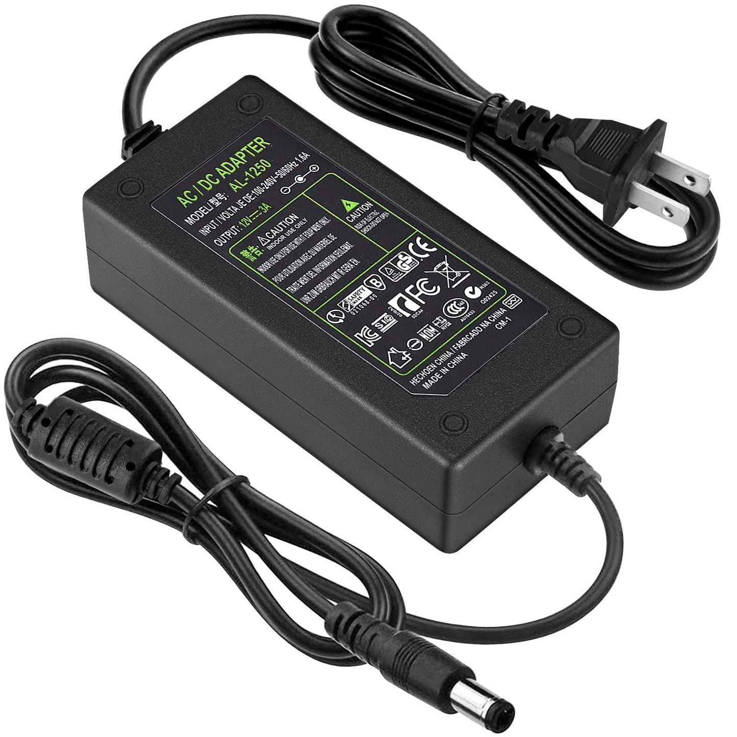 Adaptador de Corriente CC 12V 3A Enchufe EE. UU. Cable 4.6 Pies, Transformador CA a CC 12 Voltios