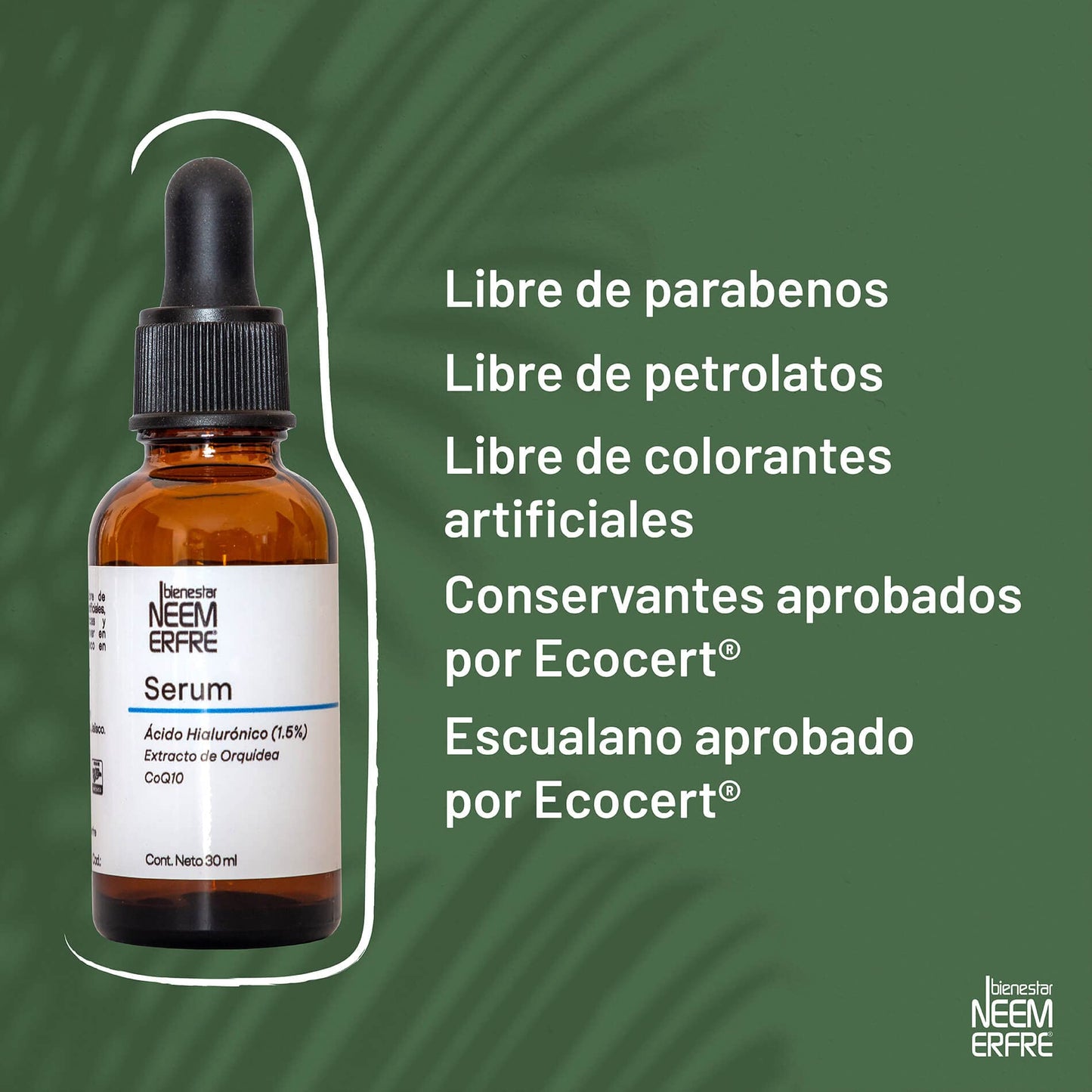 bienestar NEEM ERFRE Serum de Ácido Hialurónico al 1.5% + Coenzima Q10 + Escualano + extracto de orquídea | 93% ingredientes de origen natural | Hidrata y revitaliza tu piel, rápida absorción | 60ml (Paq de 2)