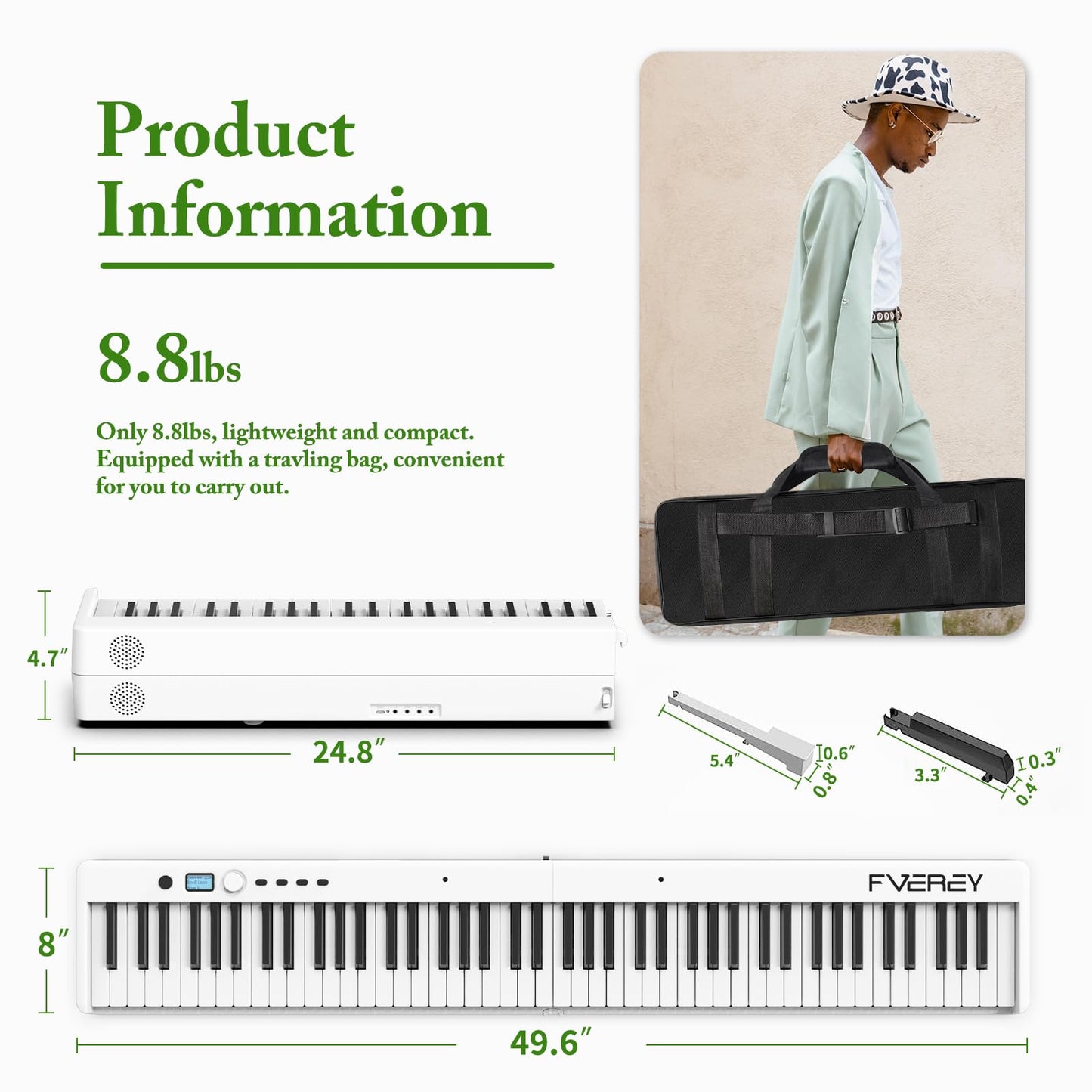 FVEREY Teclado de piano plegable de 88 teclas, teclado semipesado de tamaño completo, teclado musical portátil de piano de viaje, soporte MIDI Bluetooth piano eléctrico para principiantes, blanco