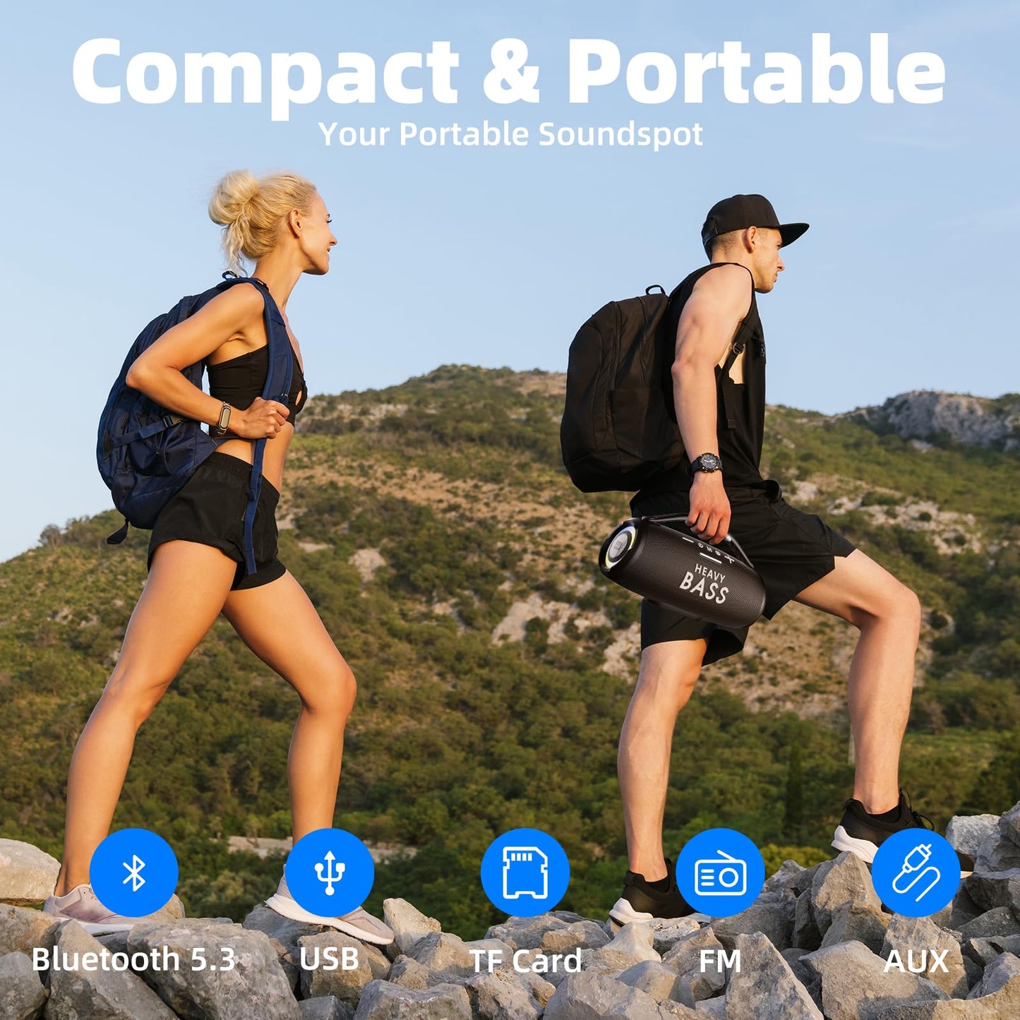 Heavy Bass - Altavoces Bluetooth inalámbricos, Altavoz portátil de 80 W máximo Alto con Graves, Tiempo de reproducción de 20 Horas, IPX6 Impermeable, Doble emparejamiento, Regalo Ideal para Adultos
