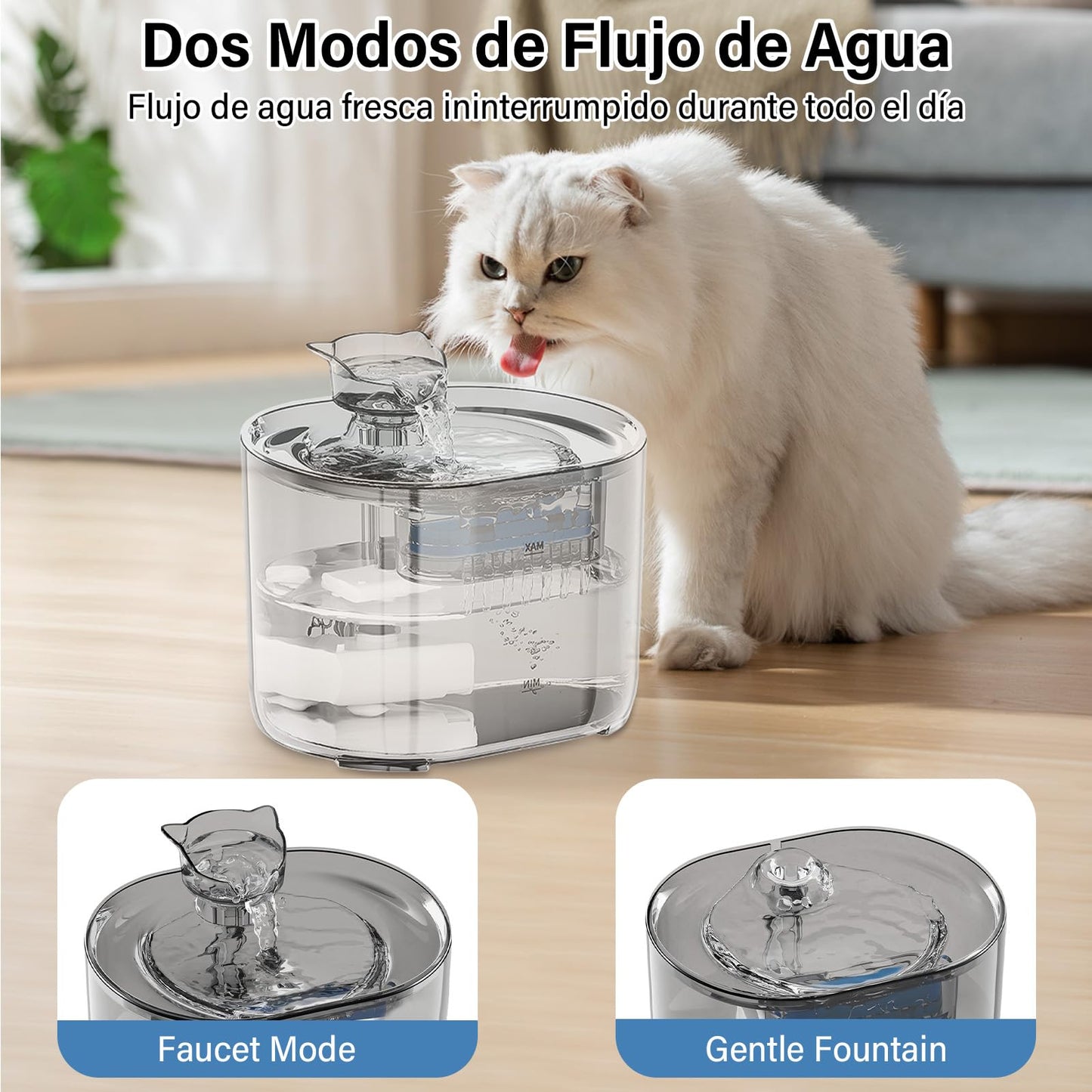GALASALA Fuente de Agua para Gato, 2.2 L Bebedero para Gato Transparente con Filtro de Agua de Cuatro Capas, Fuente para Gato con Bomba de Agua Silenciosa Ajustable para Gatos, Perros y Mascotas