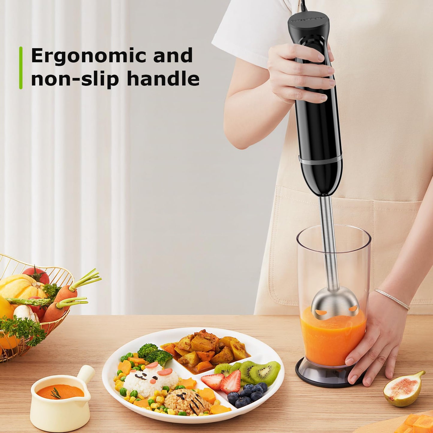 Bonsenkitchen Batidora de mano con 2 velocidades de mezcla, batidora de mano eléctrica portátil con cuchillas de acero inoxidable para sopa, licuado, puré, comida para bebés