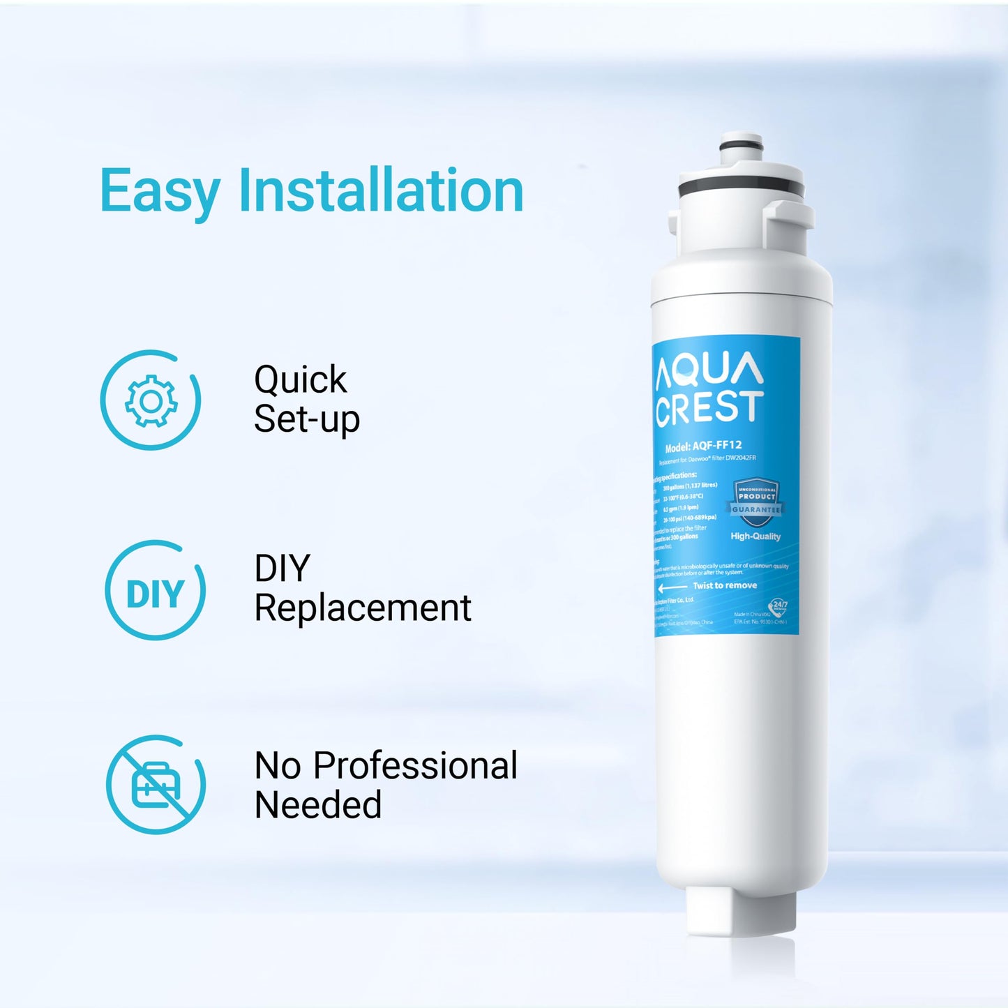 AQUACREST DW2042FR-09 Refrigerator Water Filter, Compatible with Daewoo DW2042FR, Kenmore 46-9130, DW2042FR-09, Aqua Crystal DW2042F-09